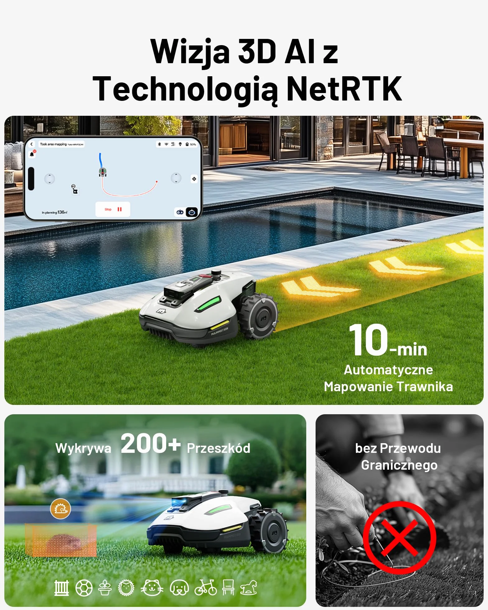 Robot koszący MAMMOTION YUKA Mini 500 z zapasowymi ostrzami, NetRTK+Vision, nie wymaga anteny RTK, automatyczne mapowanie, Rec. 500 m², maks. 700 m², z modułem 4G