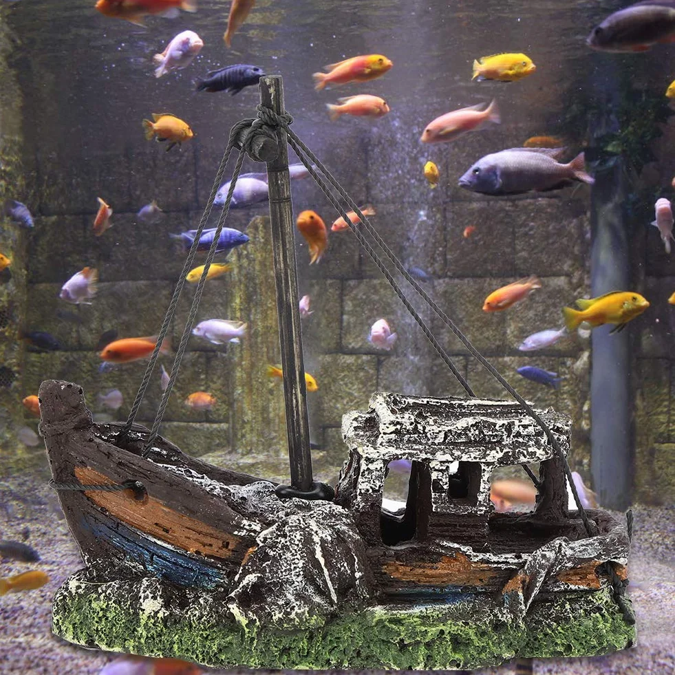 Resin Aquarium Fish Tank Landscape Ornament, Aquarium Artificial High Simulation Shipwreck Decoration Fish Tank Hide House