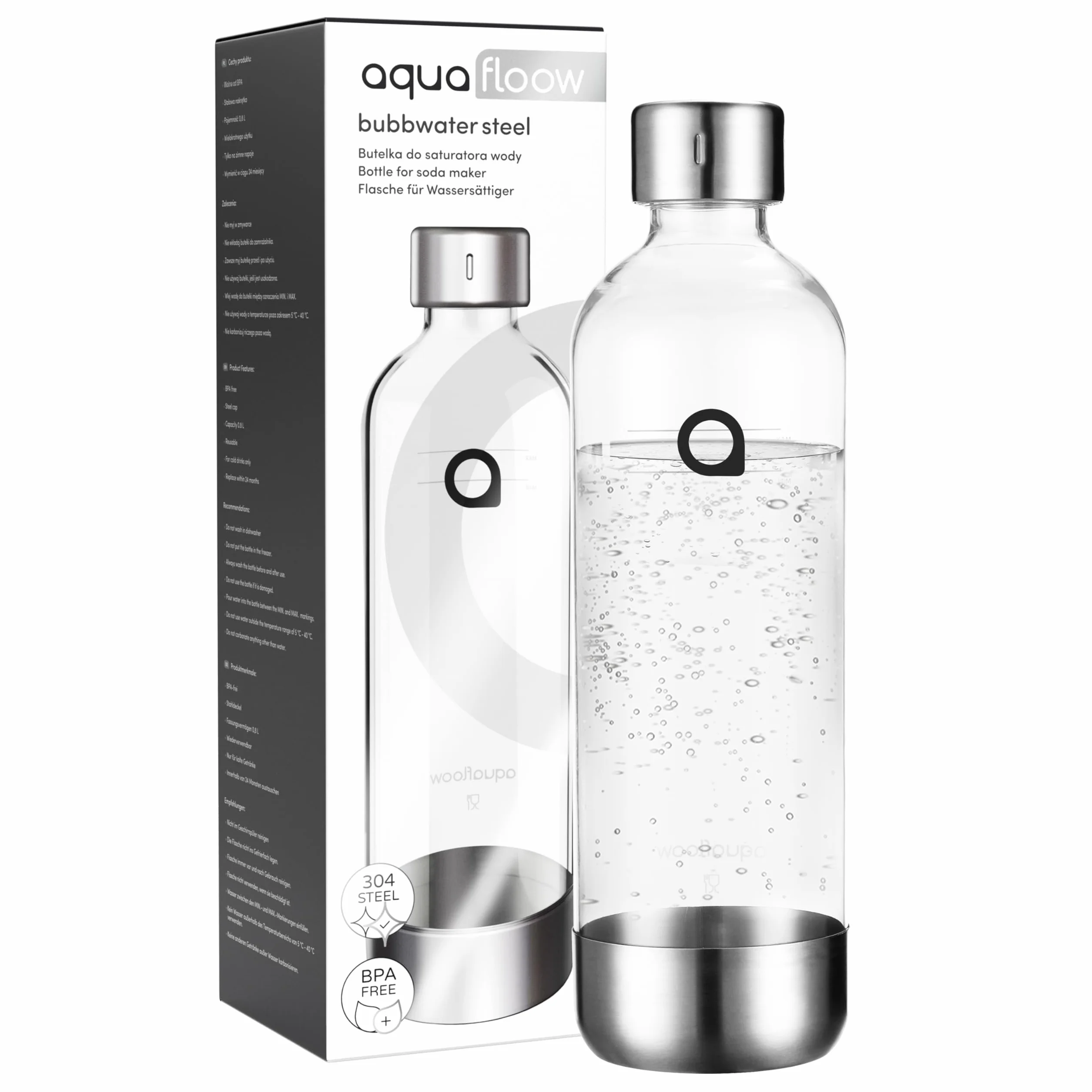 Aquafloow Butelka Zapasowa do Saturatora – BPA-free Butelka 0,8 L z Tworzywa ze Stalowym Dnem, Wielokrotnego Użytku, Idealna do Gazowania Wody