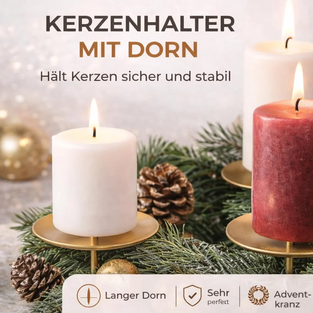 4 x wtyk do wieńca adwentowego, 5 cm, uchwyt na świece – uniwersalne do świec – talerz na świece z trzpieniem – wtyczka do wieńca adwentowego na Boże Narodzenie z trzpieniem (złoty)
