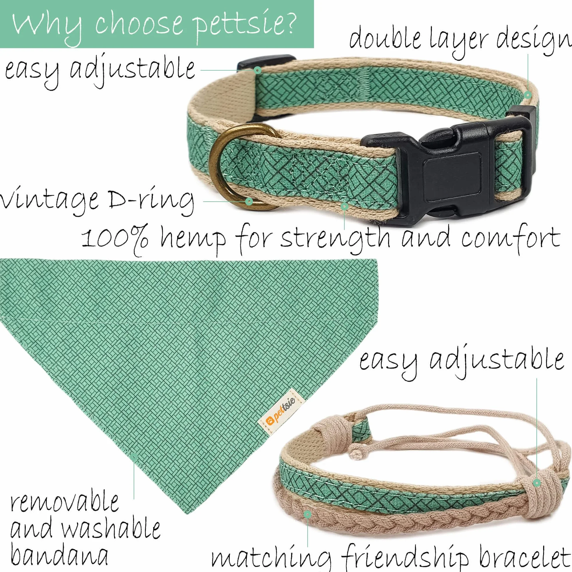 Pettsie obroża dla psa bandana bransoletka przyjaźni konopie 3 rozmiary D-ring L