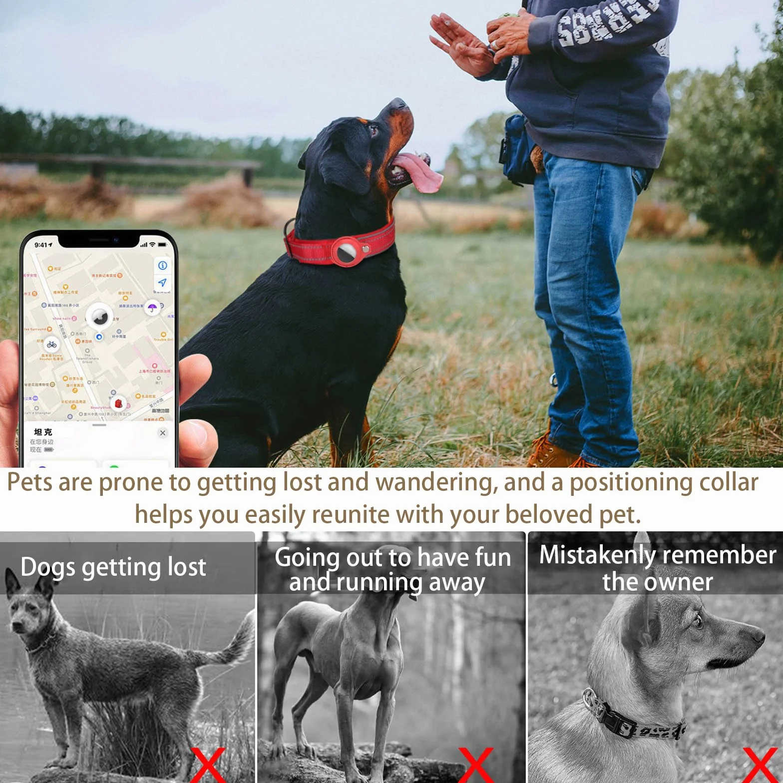 Regulowana obroża dla psa, Airtag Obroża dla psa, regulowana obroża dla psa, odblaskowa obroża dla większości psów - Apple AirTag zintegrowany (cyjan)