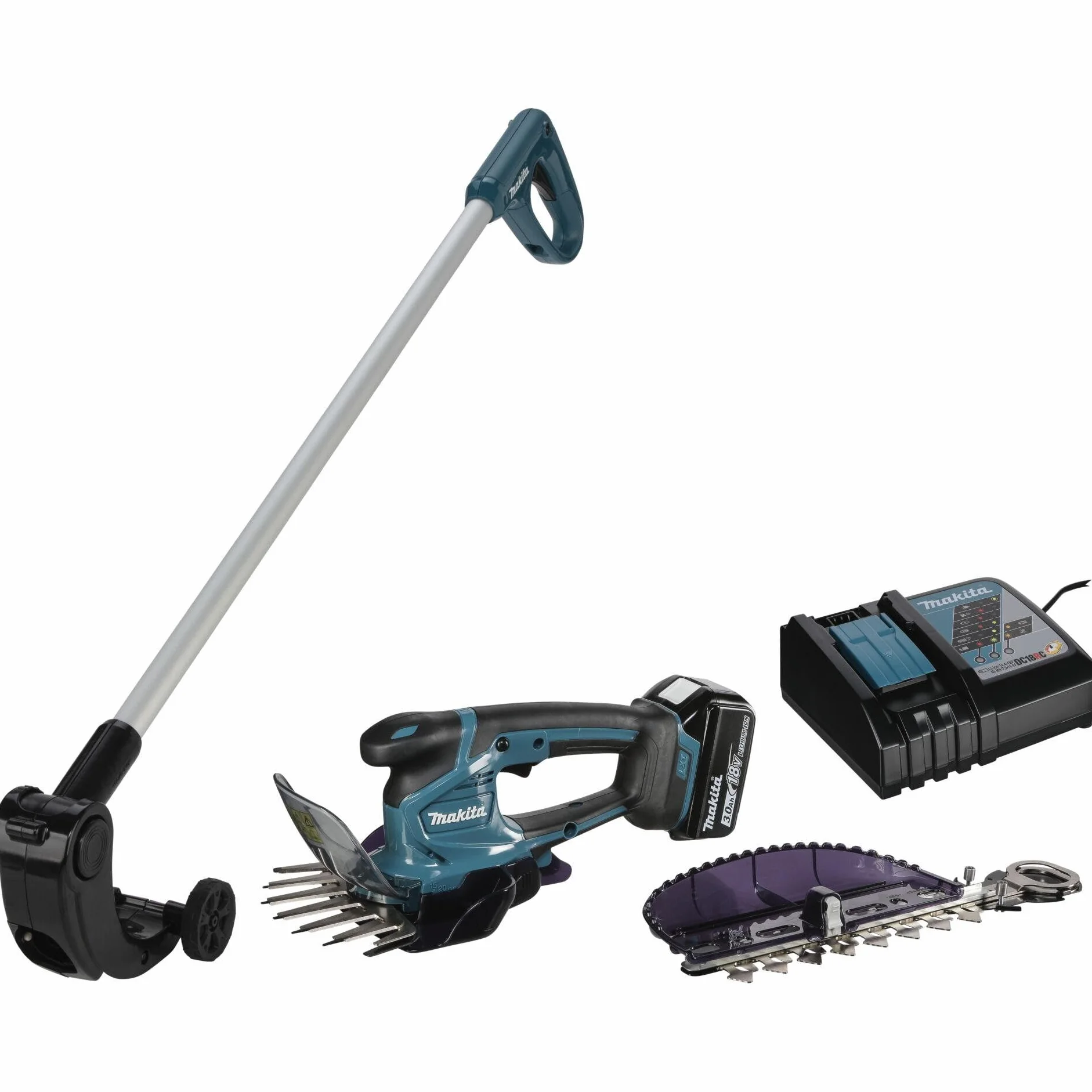 Makita DUM604RFX1 akumulatorowe nożyce do trawy 18 V/3,0 Ah, 1 akumulator + ładowarka w zestawie przedłużacz uchwytu z rolką