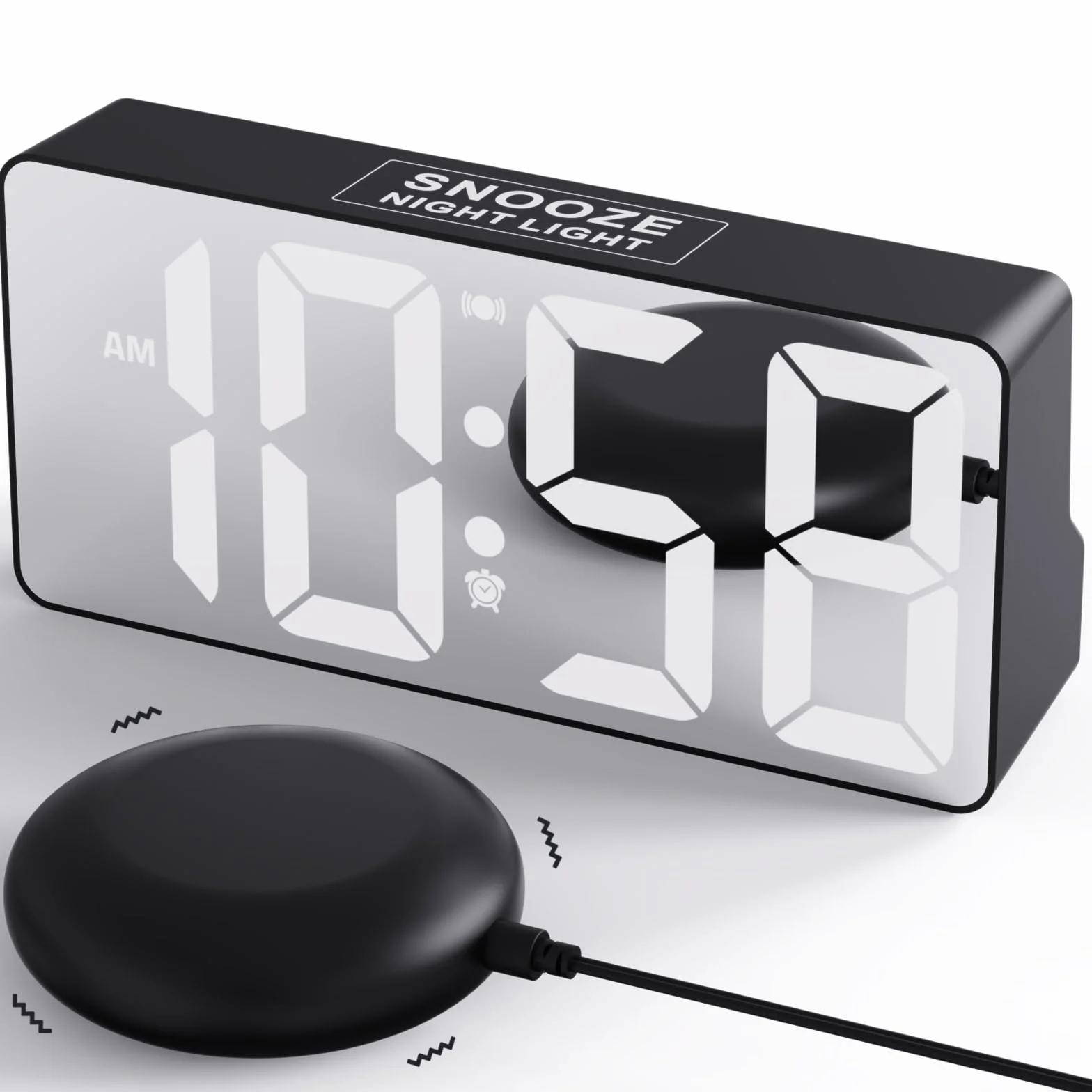 MINORZ Głośny budzik do głębokiego snu, budzik wibracyjny i lampka nocna, 3 tryby wibracji, podwójny alarm, drzemka, port ładowania USB, 12/24H i DST, idealny dla osób starszych niesłyszących