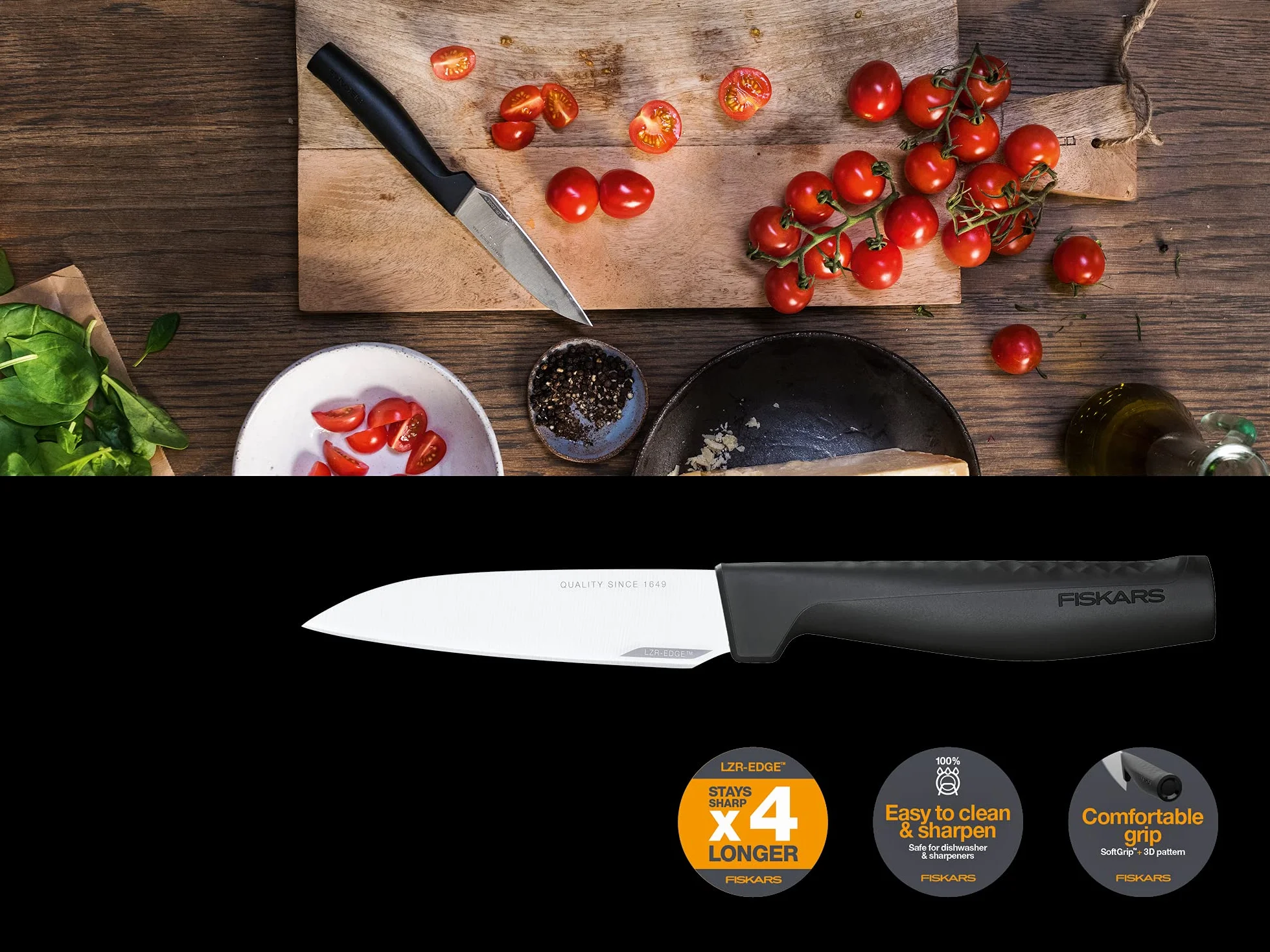 Fiskars Nóż do obierania, Hard Edge, Elegancki design, Długość całkowita: 22,8 cm, Stal nierdzewna/tworzywo sztuczne, 1051762