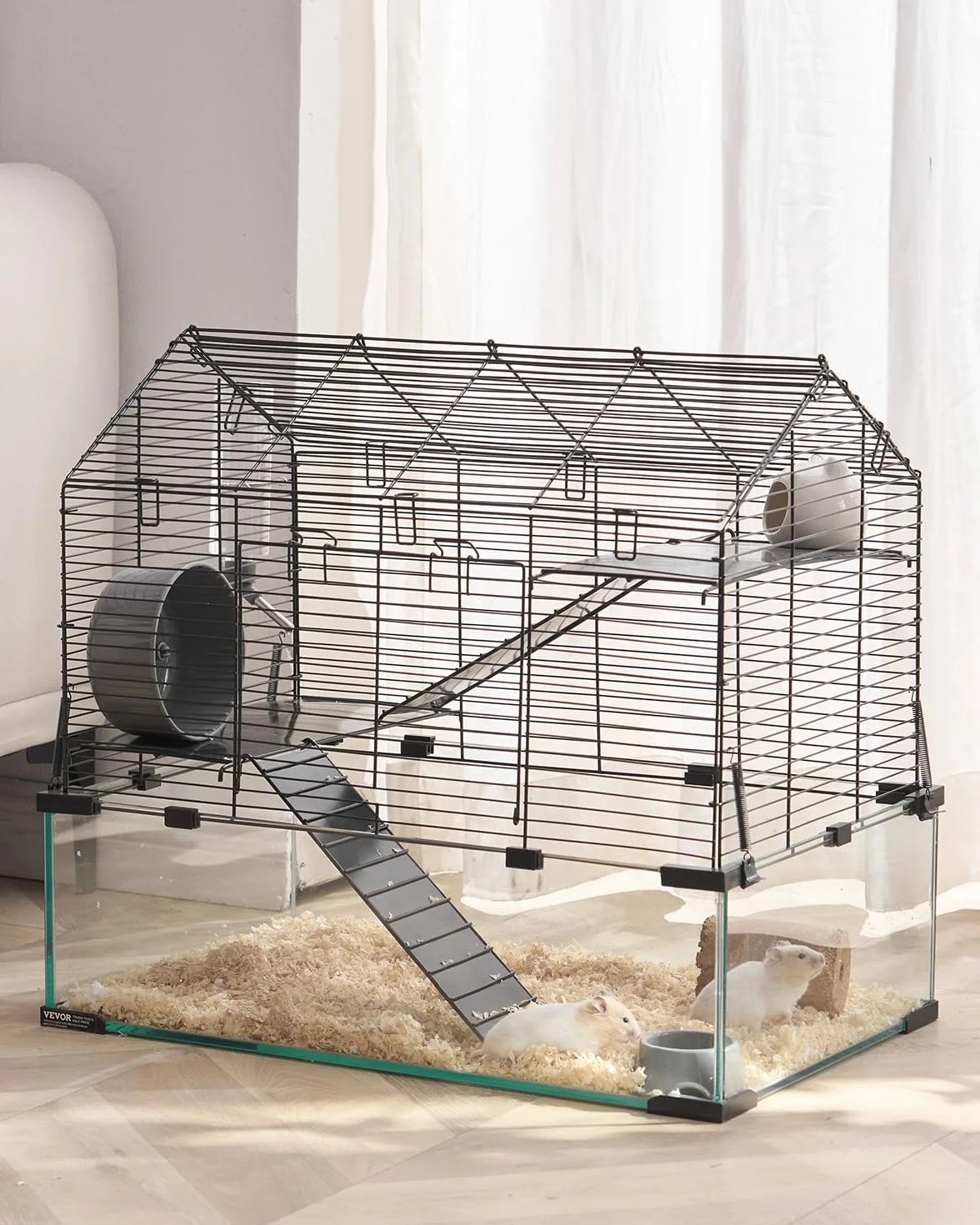 VEVOR Klatka dla chomika, przejrzyste siedlisko chomika do oglądania 360°, klatka dla małych zwierząt, 58 x 38 x 54 cm, wentylowana klatka dla zwierząt domowych z butelką na wodę, przenośny domek dla