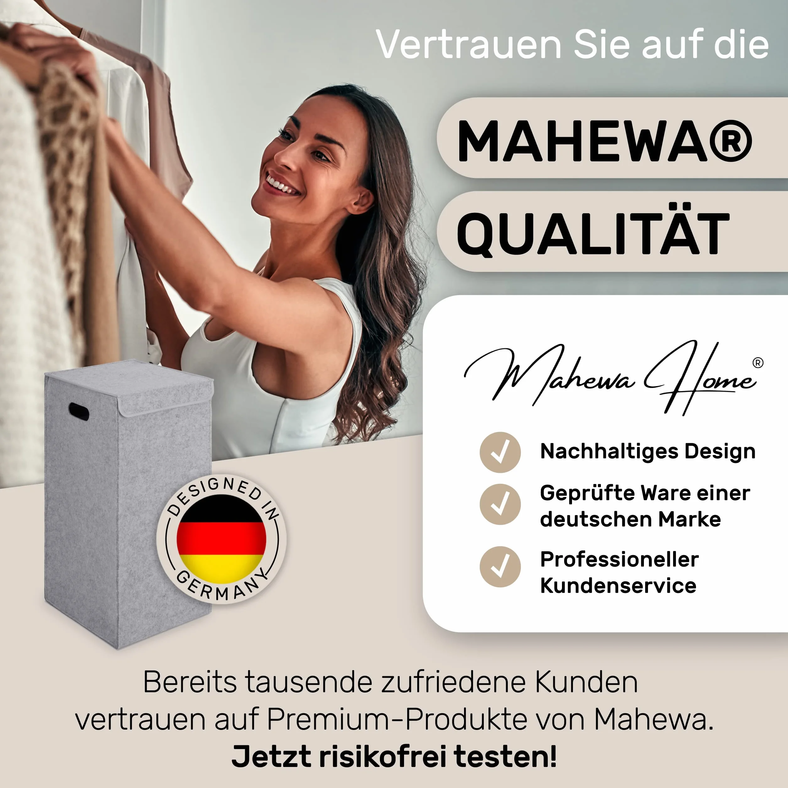 MAHEWA® Kosz na pranie z pokrywką z filcu – duży, filcowy kosz na pranie – oszczędność miejsca, składany – pojemnik na pranie z pokrywką (jasnoszary)