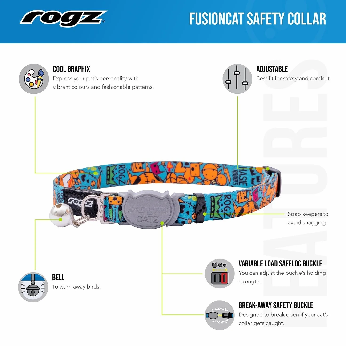 ROGZ Fusion Obroża dla kota z klamrą zabezpieczającą Geo Turquoise