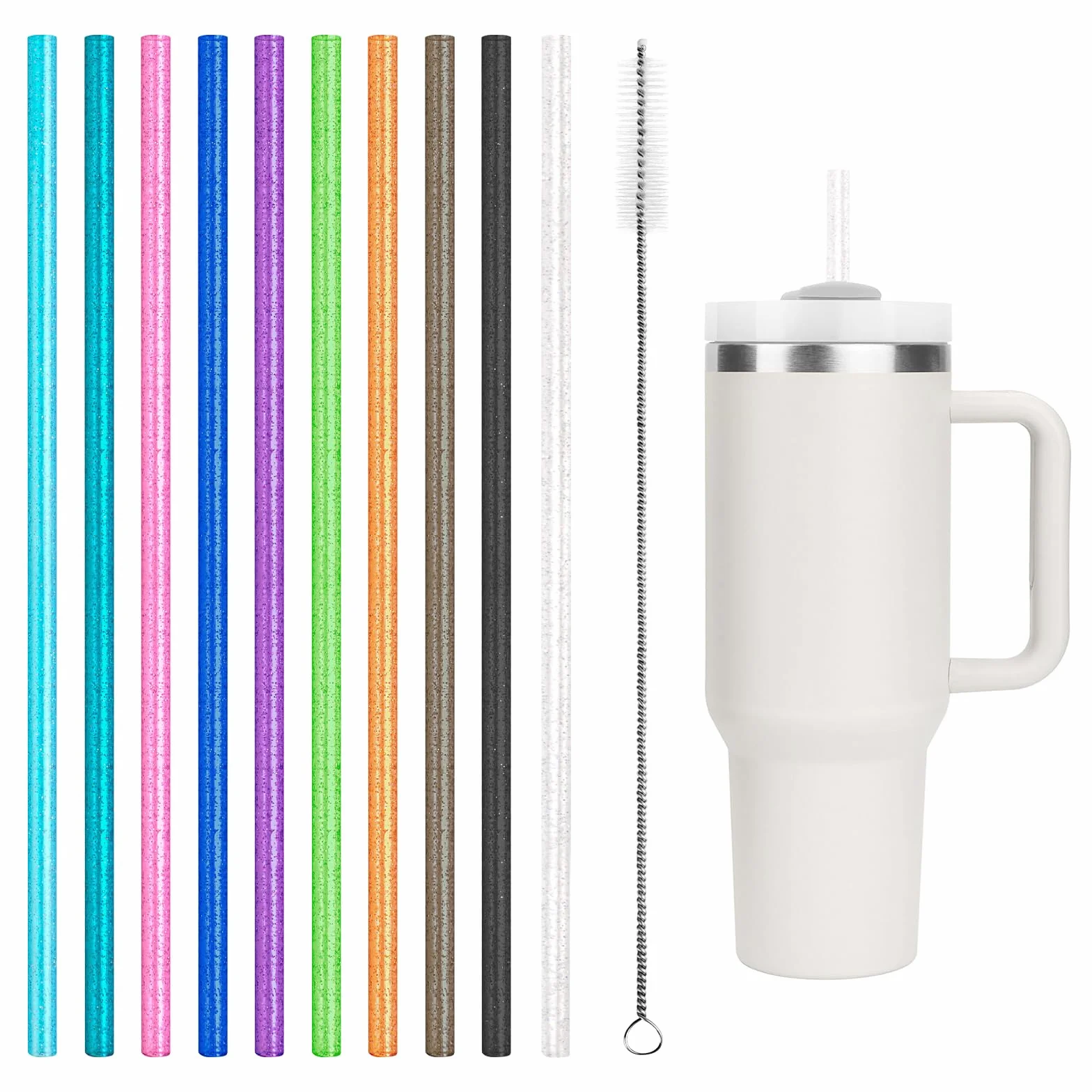 AUAUY 10 sztuk kolorowych słomek zamiennych do Stanley 40 oz 30 oz Tumbler, słomki do tumblerów z szczotką do czyszczenia, wielokrotnego użytku brokatowe słomki do akcesoriów Stanley Cup