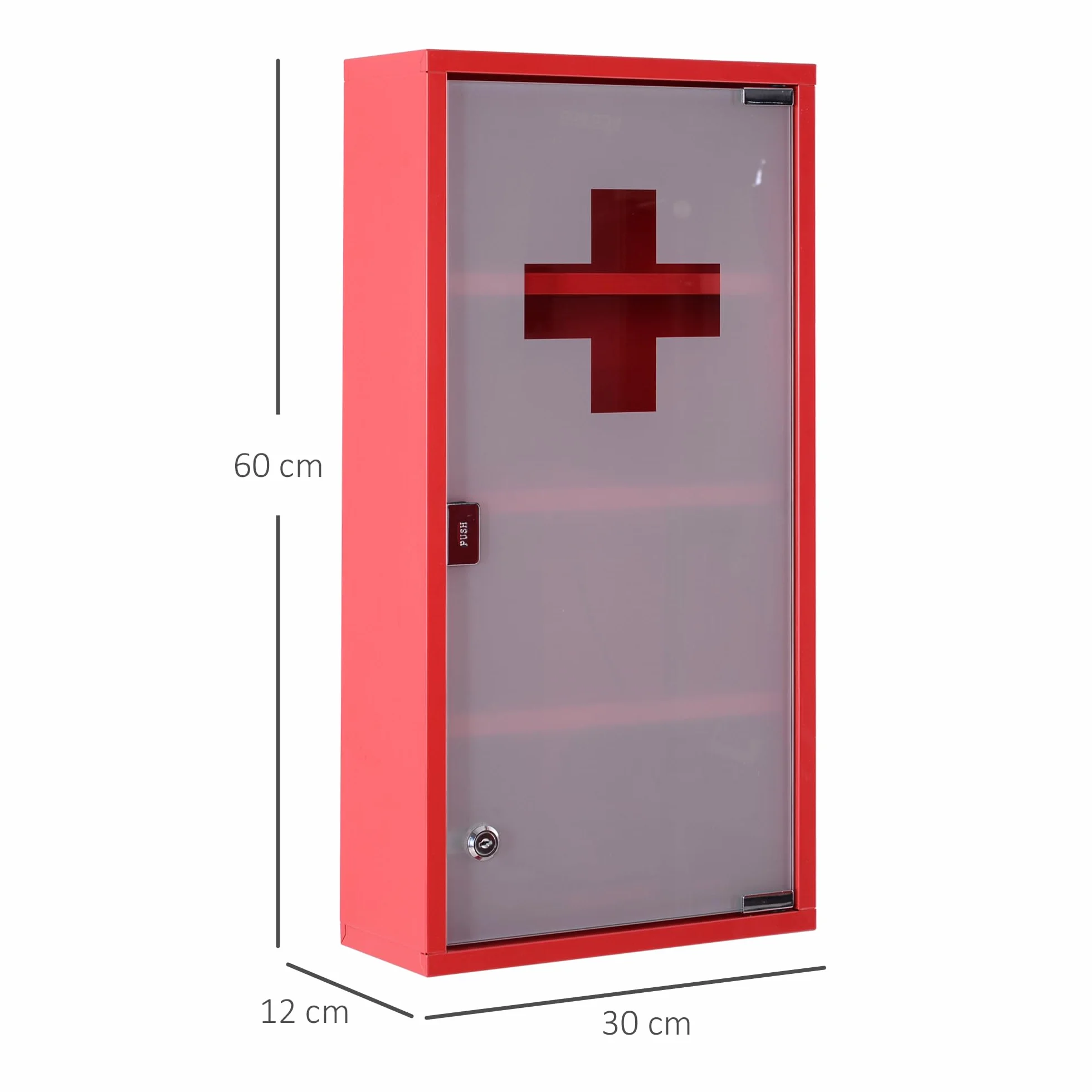 HOMCOM Szafka na leki 3 półki 4 poziomy zamykana na drzwi matowe szkło hartowane Logo Krzyż 30 l x 12 l x 60H cm Stal Czerwona