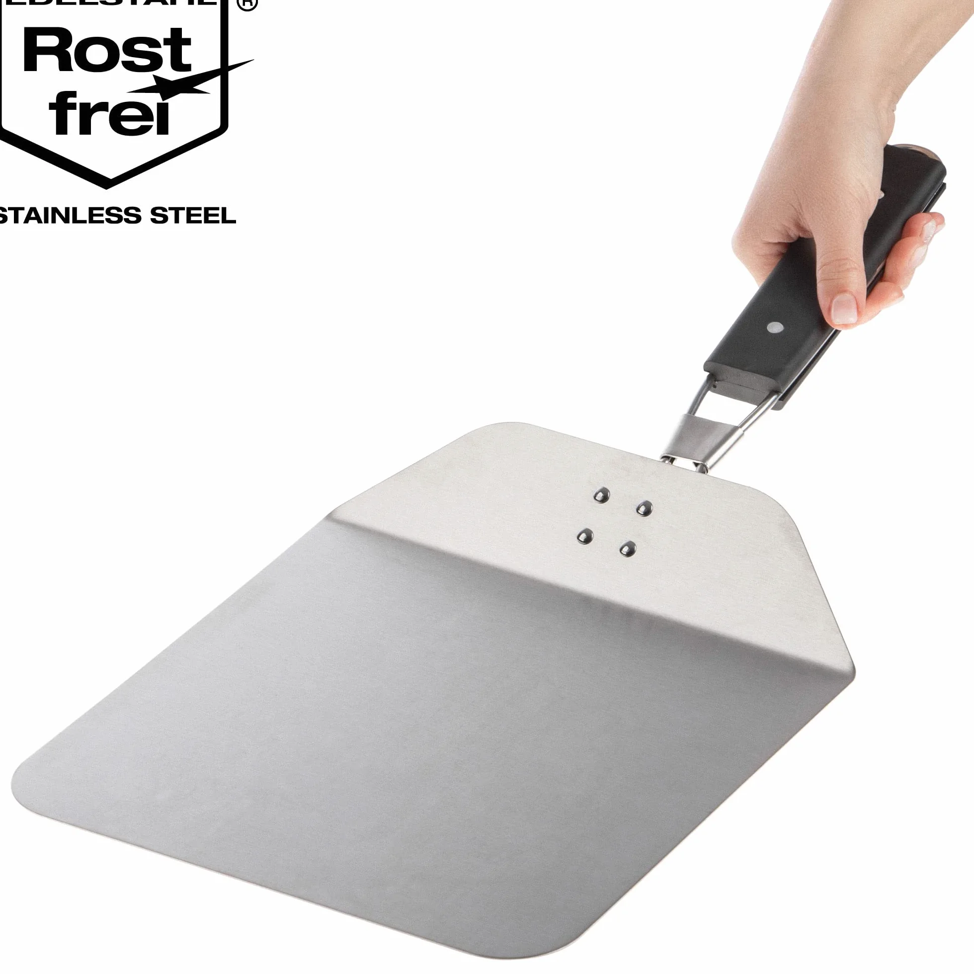 COM-FOUR® skórka do pizzy wykonana ze stali nierdzewnej 430 - podnosnik do pizzy i ciast z drewnianym uchwytem - skórka do pizzy do pizzy, tarte - skladany uchwyt (srebrny/czarny - kanciasty)