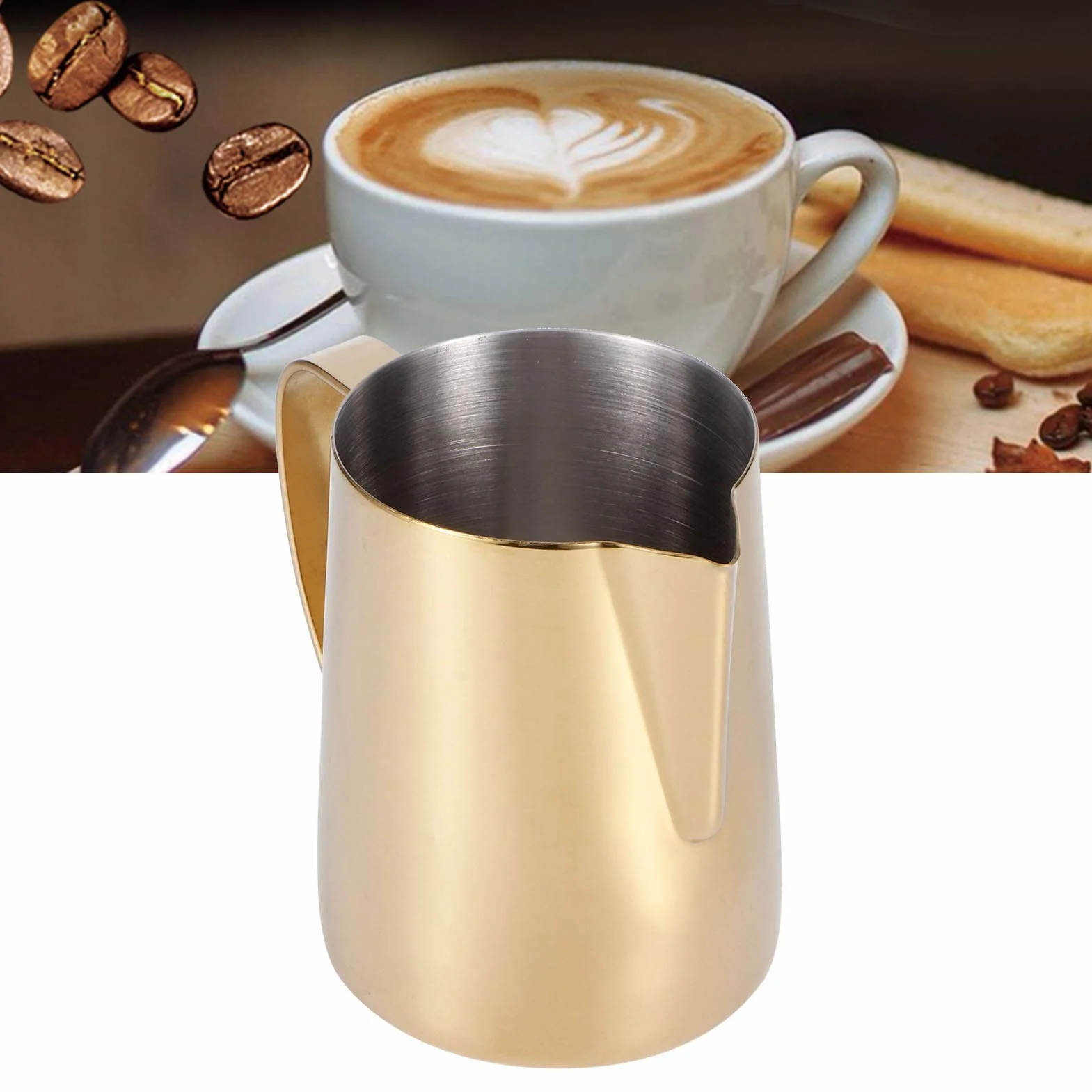Dzbanek Do Spieniania Mleka, Złoty Kubek Do Gotowania Na Parze Ze Stali Nierdzewnej Kubek Do śmietanki Spiczasta Wylewka Dzbanek Do Gotowania Na Parze Do Kawy Cappuccino Latte Dzbanek Na Mleko(600 ml)