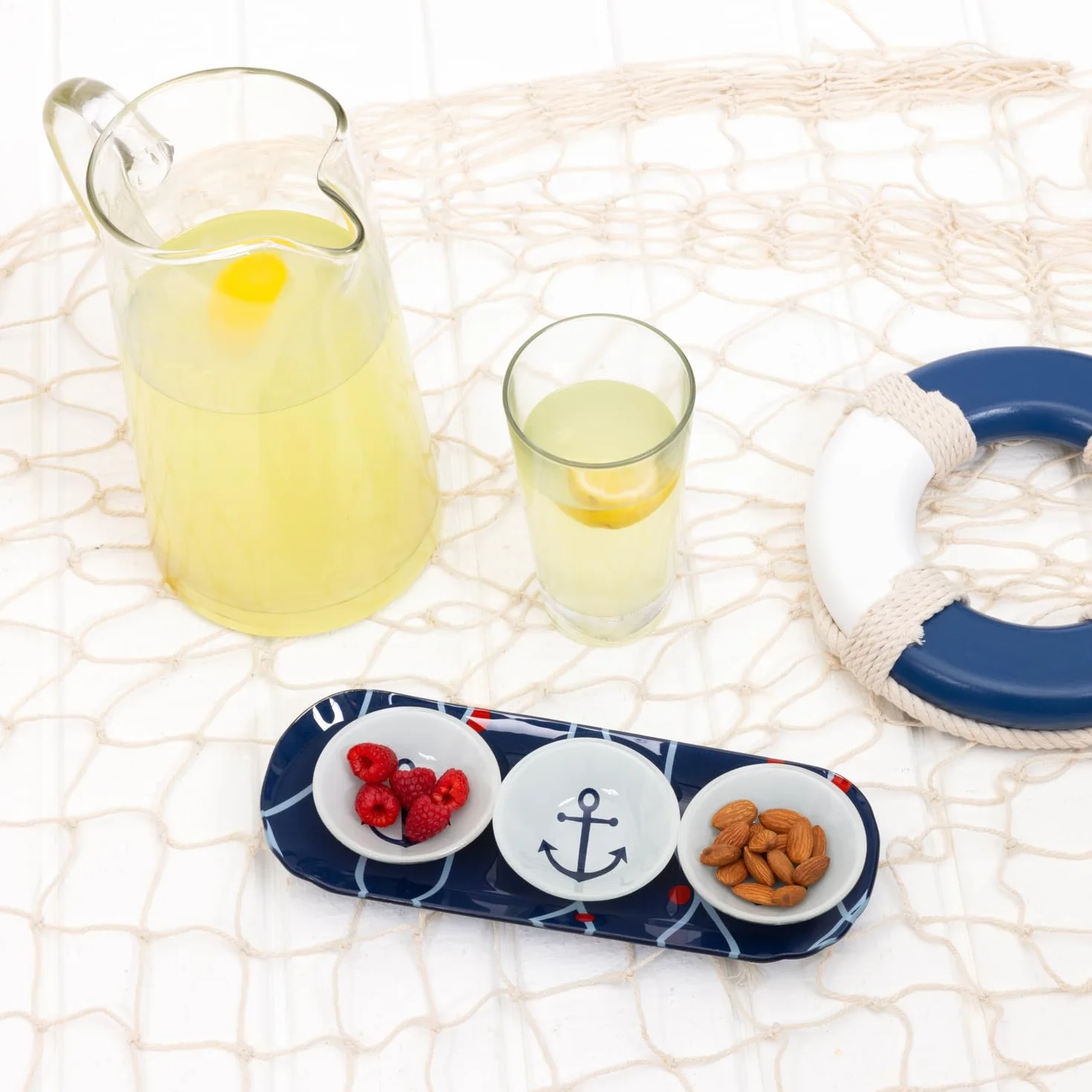 Pawilon - kotwica - 28 cm taca do serwowania z trzema miseczkami 56 ml zestaw vintage jezioro plaża łódź nabrzeże ocean wybrzeże kuchnia dekoracja naczynia do serwowania