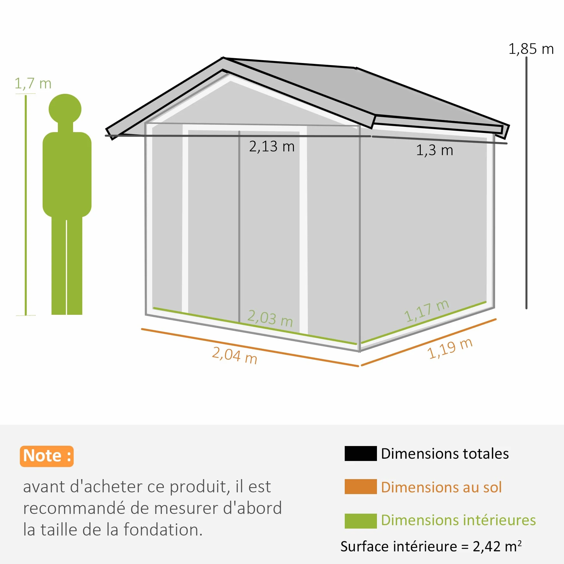 Outsunny Domek ogrodowy 2,5 m² - Zniżka na narzędzia z fundamentem - budka zamykana na drzwi - N. 213L x 130 l x 185H cm - blacha stalowa Khaki