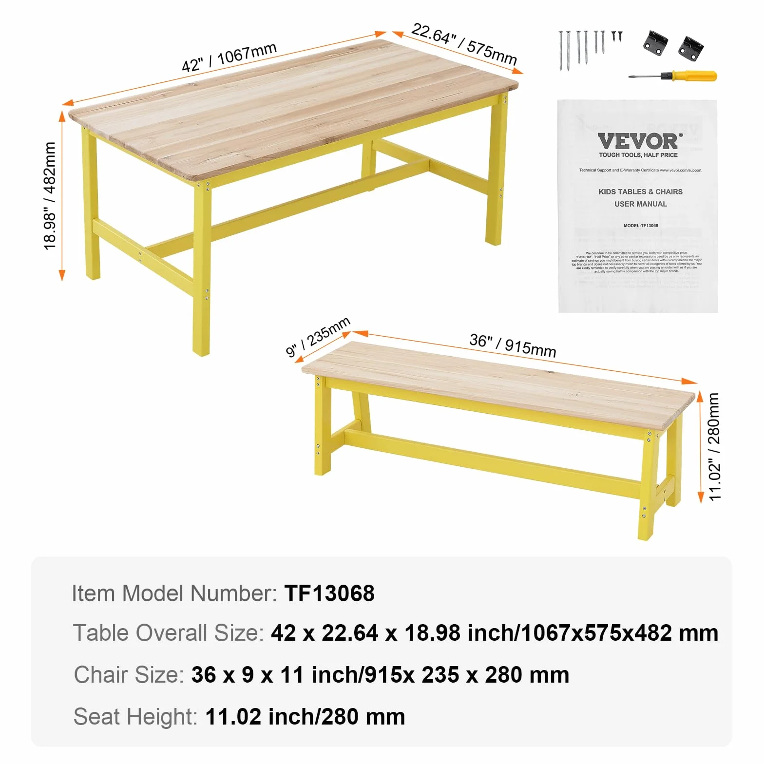VEVOR 1 stolik dziecięcy + 2 ławki 1067 x 575 x 482 mm i 915 x 235 x 280 mm, zestaw mebli dziecięcych, łatwa do czyszczenia, do nauki, jedzenia, czytania, przedszkola, pokoju dziecięcego, 2-8 lat