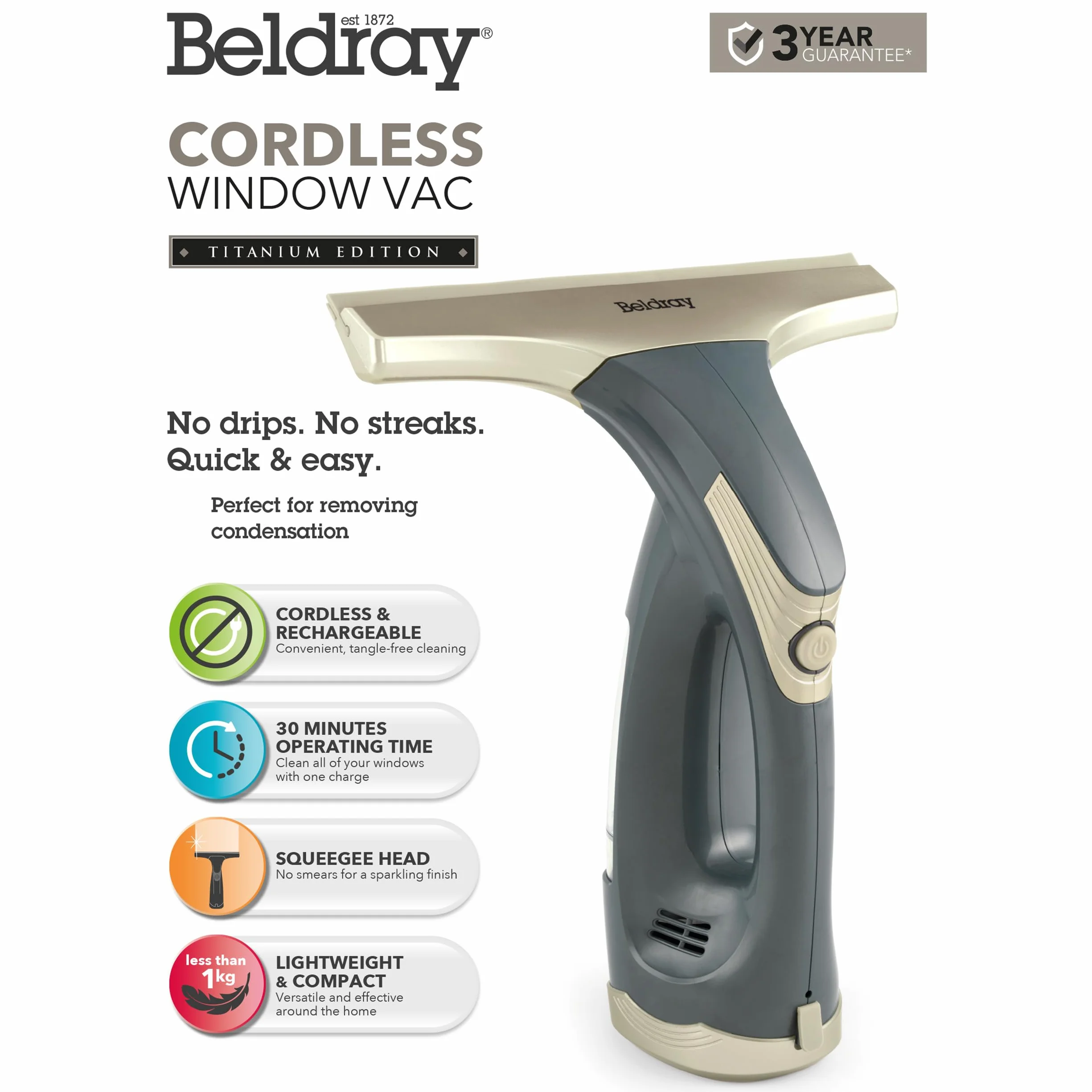 Beldray BEL0749TTVDE Titanium Bezprzewodowy odkurzacz do okien – reczny srodek do czyszczenia okien z glowica sciagaczki, zbiornik na wode o pojemnosci 60 ml, czyszczenie bez kapania i smug