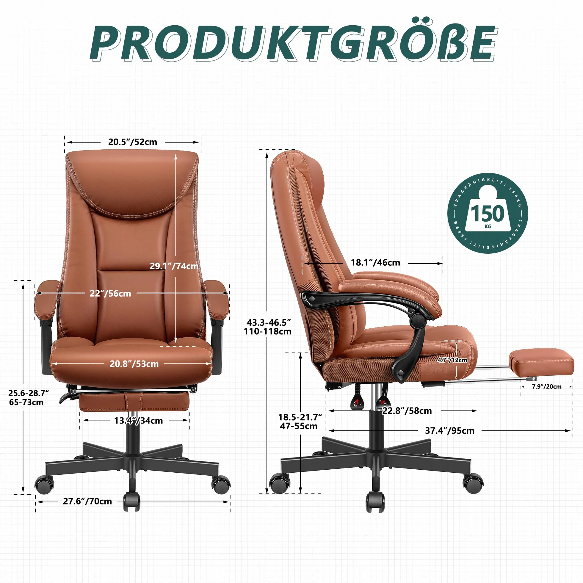 Fotel szefa, szerokie krzesło biurowe, ergonomiczne, wysokie oparcie, 150 kg, z podnóżkiem, ze skóry PU, brązowy