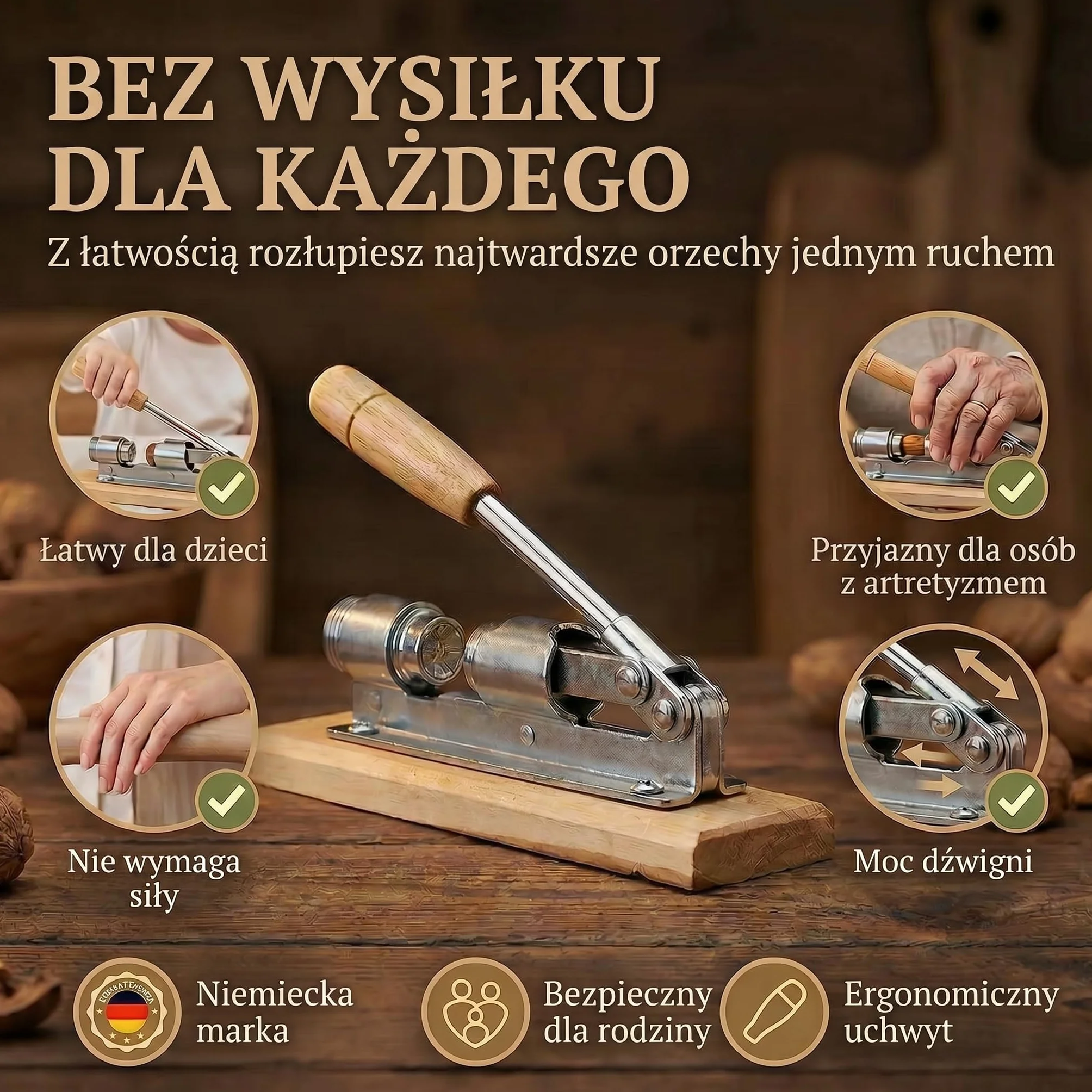 Dziadek do orzechów Retro ze stali nierdzewnej z dźwignią, regulacją wielkości