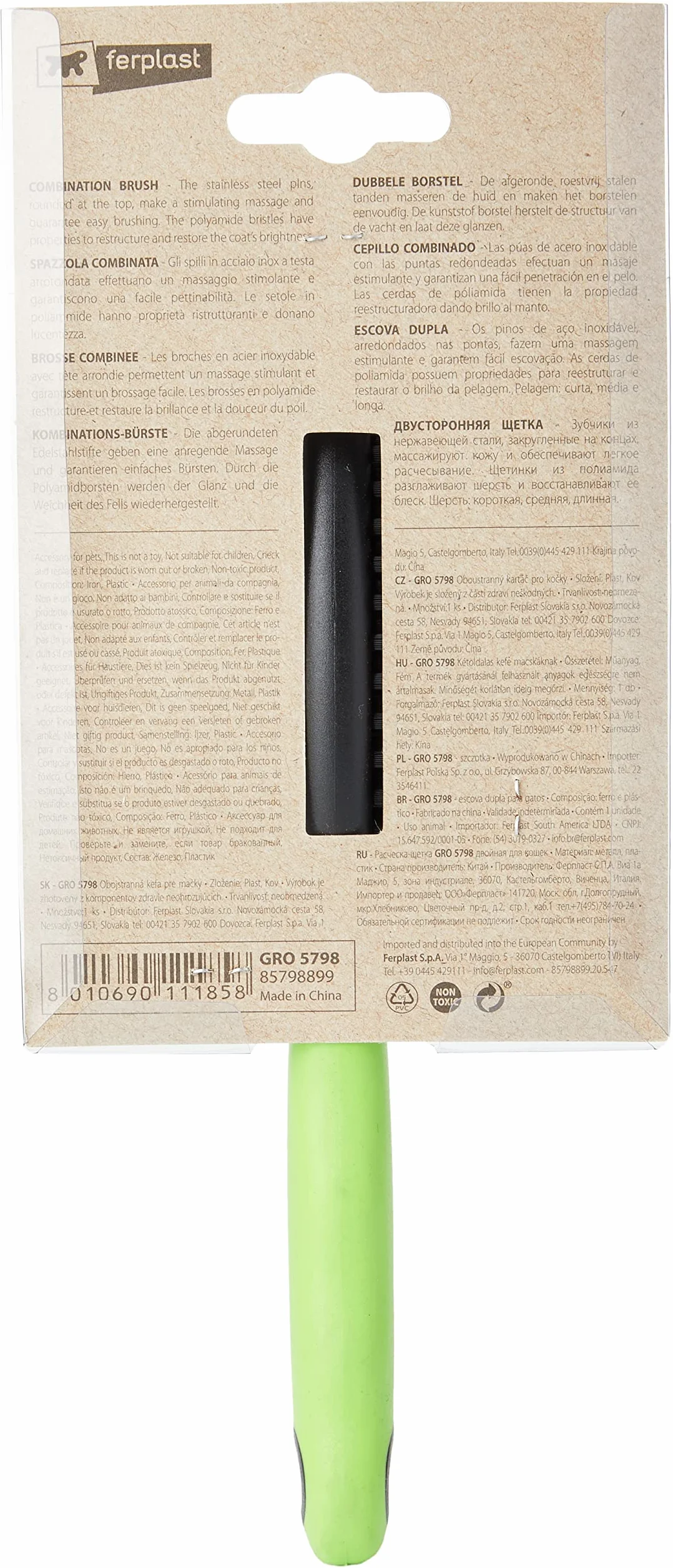 Ferplast Szczotka kombinowana dla kotów GRO 5798, zaokrąglone końcówki, miękkie włosie, 19,5 x 5,5 x 5,5 cm