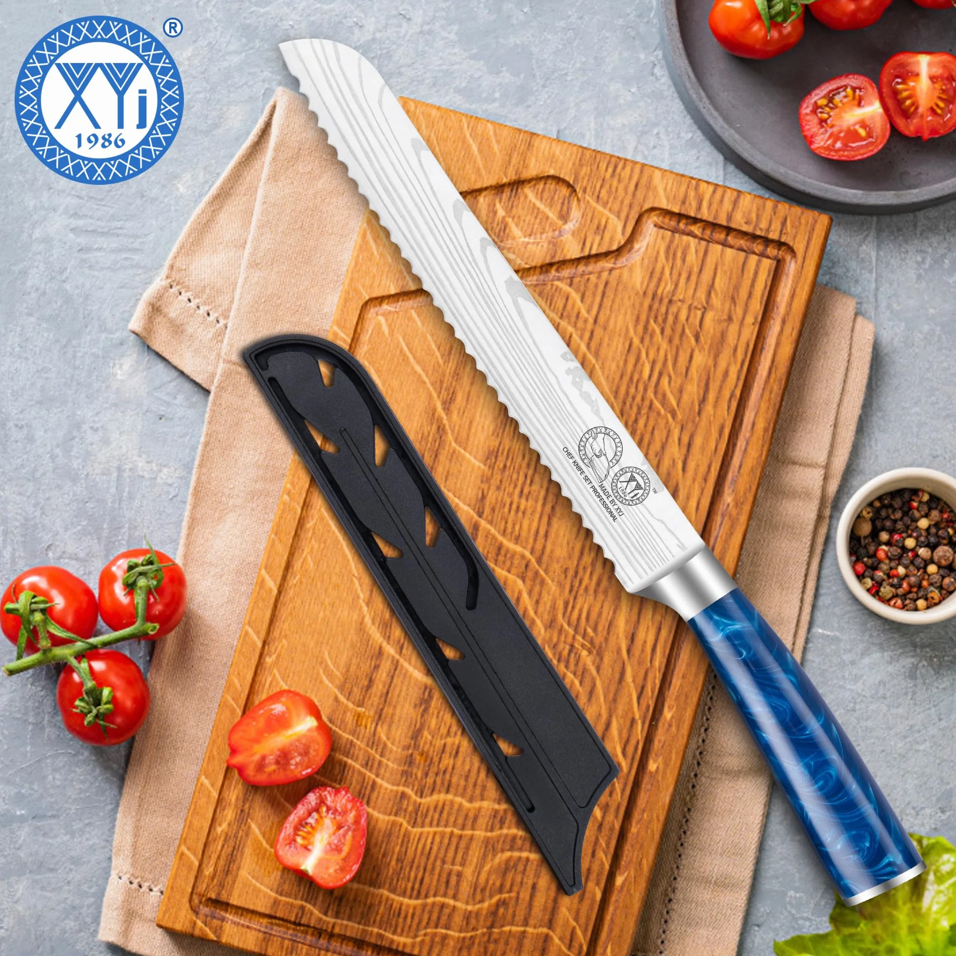 XYJ Bread Knife 8 Inch,Stainless Steel,Serrated Blade Knife,Laser Damascus Pattern Serrated Bread Knife With Sheath Case,Resin Handle for Women Men