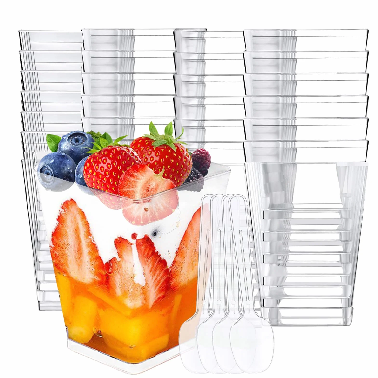50 sztuk szklanek deserowych z tworzywa sztucznego, kubki deserowe wielokrotnego użytku, kubki deserowe z tworzywa sztucznego, 5 oz/160 ml, z łyżeczkami, przezroczyste miseczki deserowe na