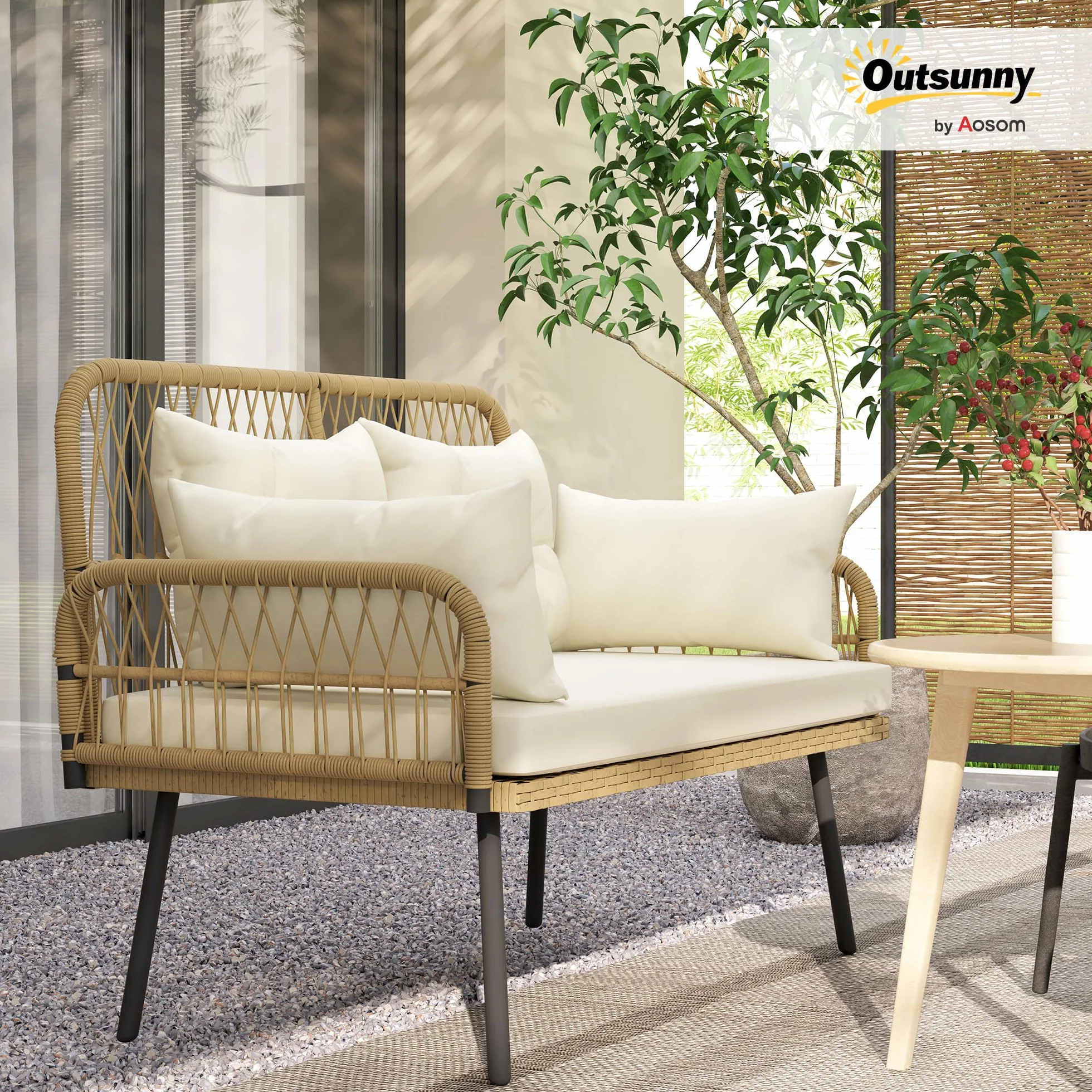 Outsunny Sofa Ogrodowa z Poduszkami 2-osobowa Sofa Balkonowa Rattanowa Sofa Polirattan Meble Ogrodowe 115 x 61 x 82 cm Naturalne Drewno