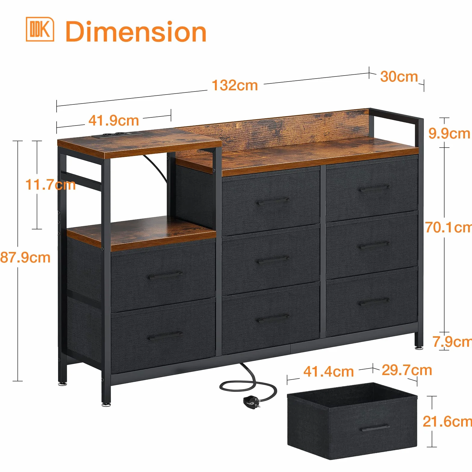 ODK Komoda z szufladami, 2 porty USB i 2 porty AC, 8 szuflad z materiału - nadaje się do wielofunkcyjnej szafy z szufladami do sypialni i salonu, 132 x 30 x 88 cm, vintage i czarna