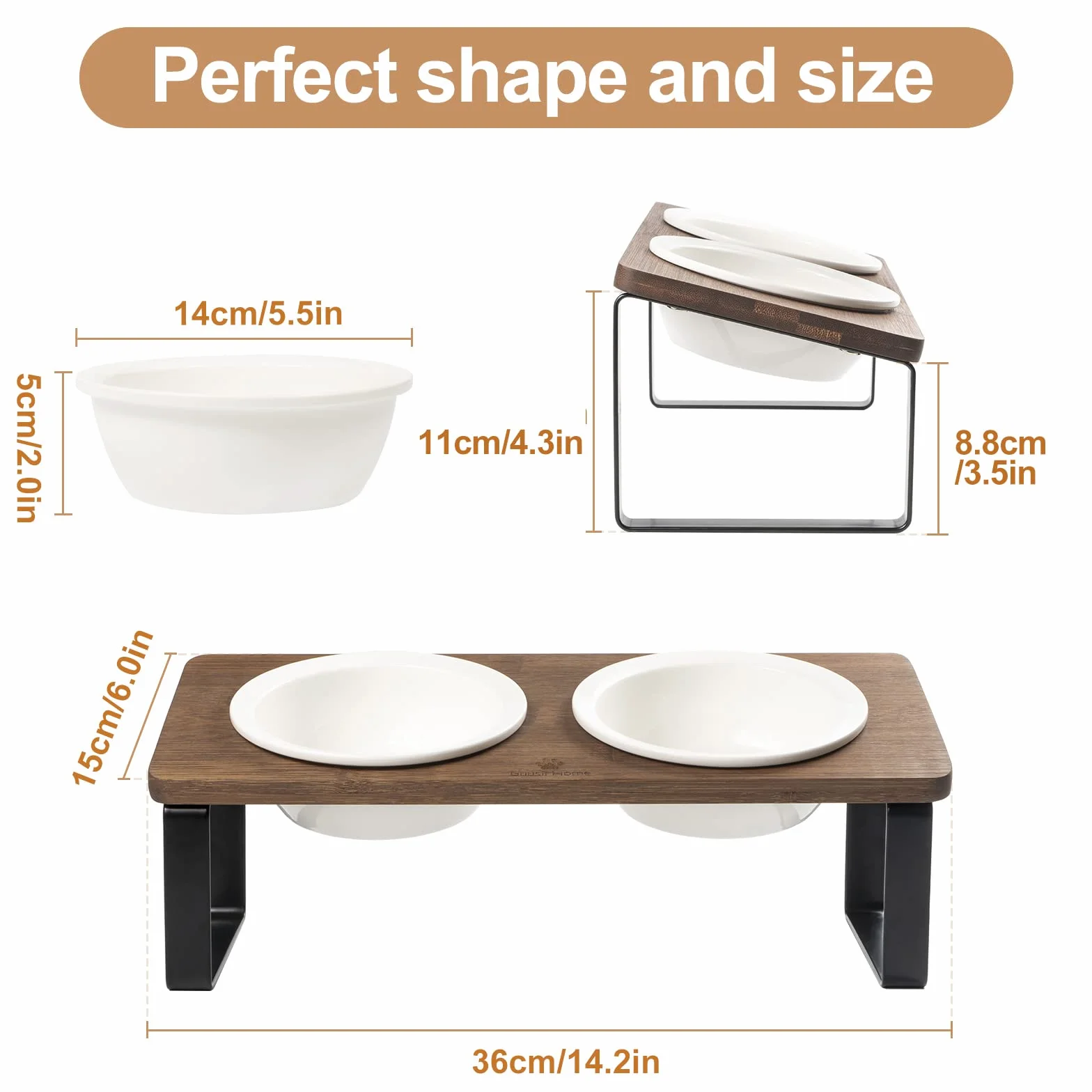 GUUSII HOME Stacja do karmienia kotów Podwyższona miska dla kota Ergonomiczna miska dla kota Podwyższona miska ceramiczna Miska dla kota Podwyższona miska dla kota Drewno (brązowy)