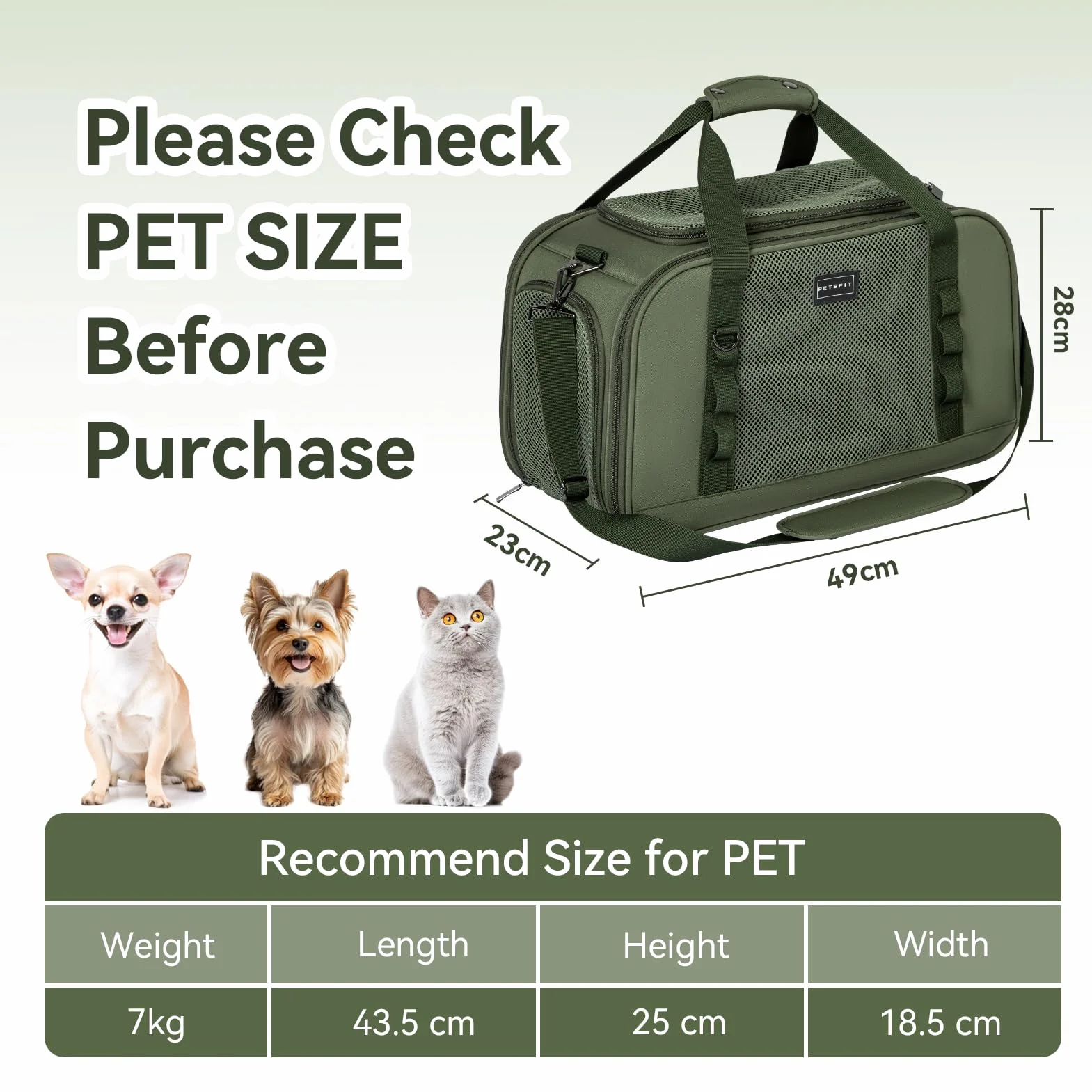 Petsfit Torba transportowa dla kota z kocem, stabilna i oddychająca, oliwkowa zieleń (49 x 23 x 28 cm)