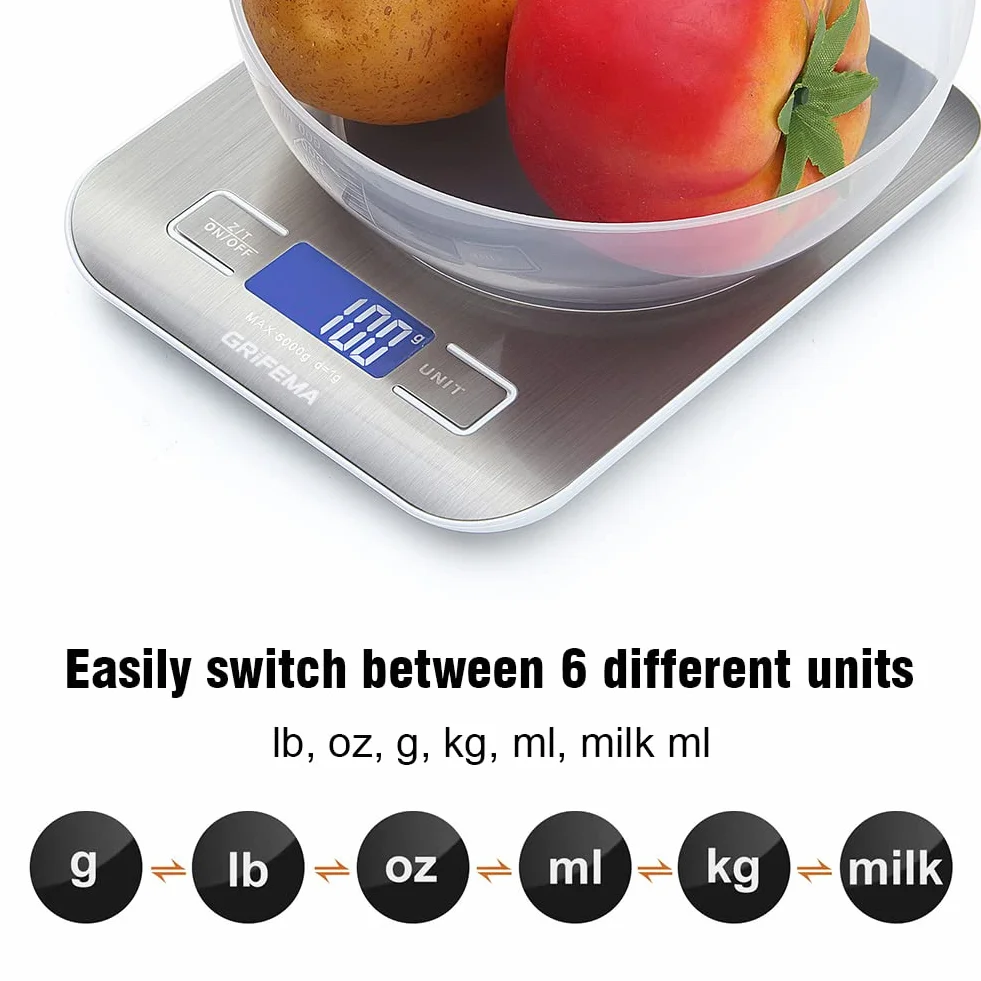 GRIFEMA GA2002 Waga Kuchenna LCD, Cyfrowa, Ze Stali Nierdzewnej, Wielofunkcyjna Waga Żywności 5 kg/11 lbs