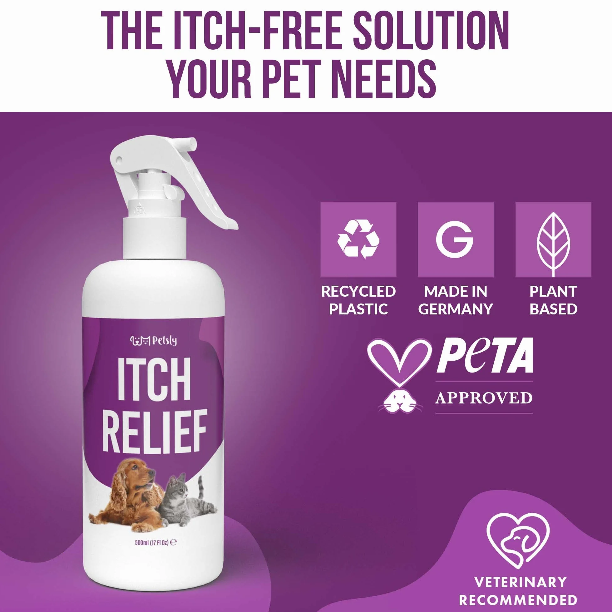 Petsly Anti Itch Spray pielęgnacyjny dla psów i kotów na swędzącą skórę zwierząt - odżywczy aloes jako środek przeciw swędzeniu u kotów, łagodzi swędzenie u psów, spray dla kotów + psów [500ml].