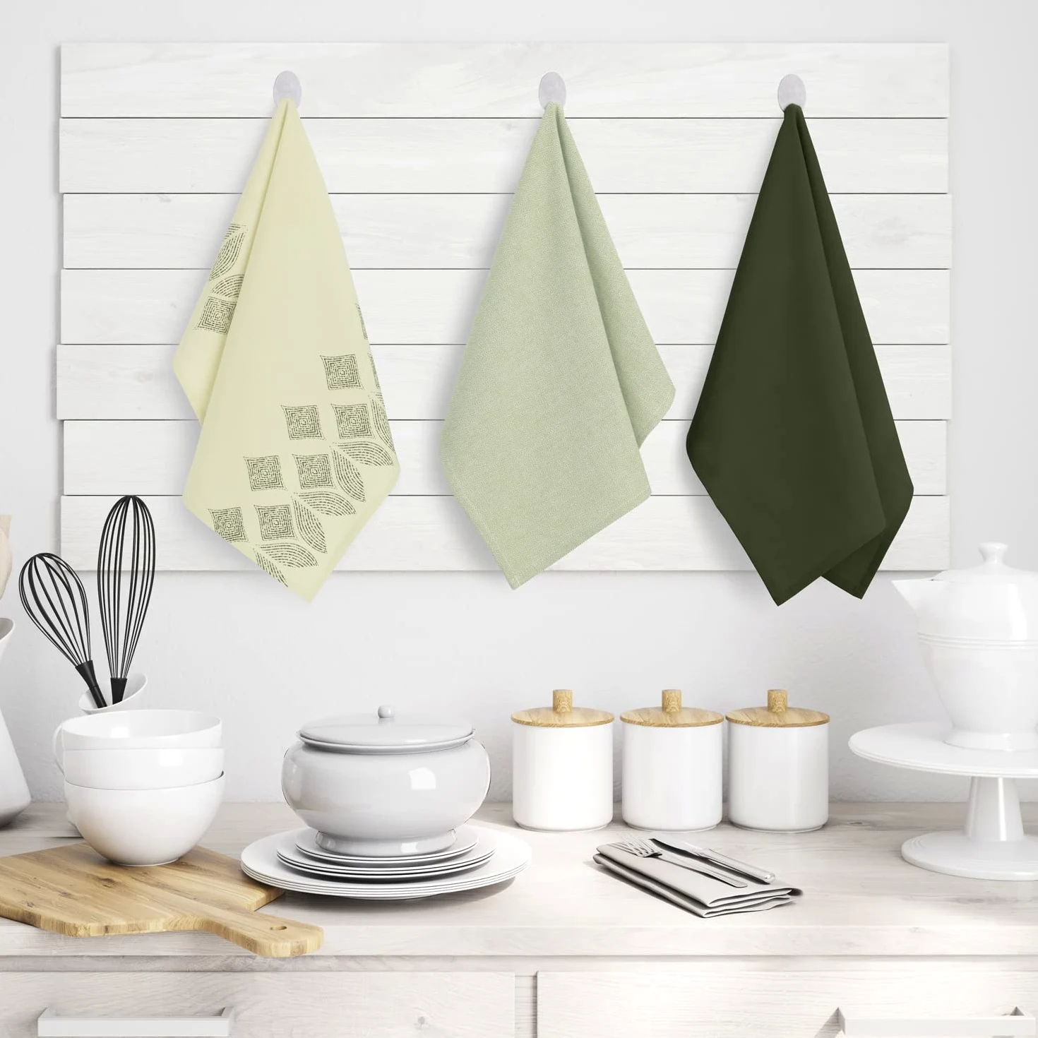 AmeliaHome Zestaw Ręczników Kuchennych 3 Sztuki Bawełniane Ścierki Do Naczyń Ściereczki 50x70 cm Wzór Geometryczny Letty Zielony Oliwkowy
