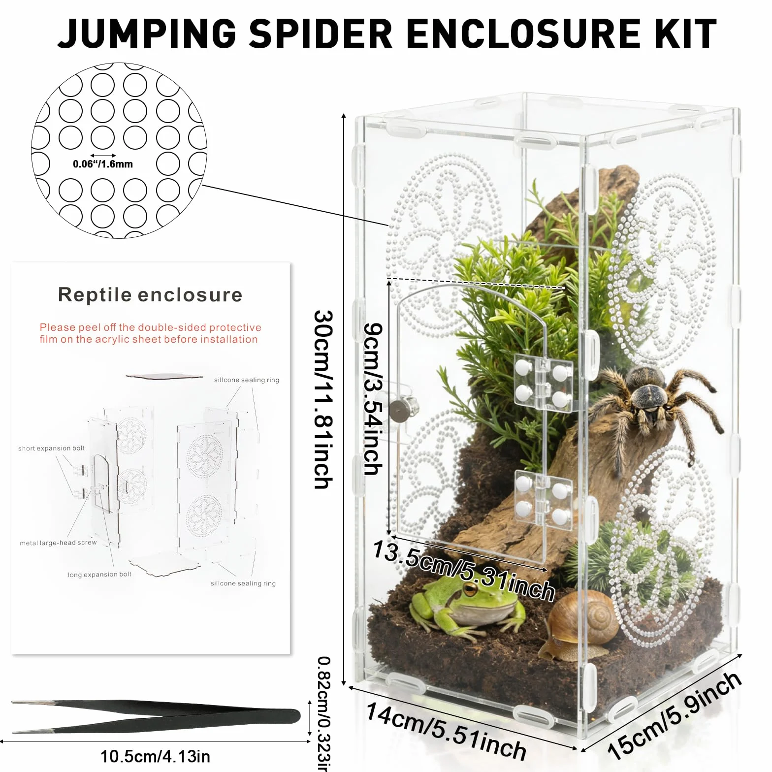 Akrylowe terrarium dla gadów, 30 x 15 x 14cm, 360° przezroczyste pudełko dla fauny, zawiera pęsetę, oddychające pudełko do hodowli gadów, pudełko do karmienia gadów dla pająków skaczących