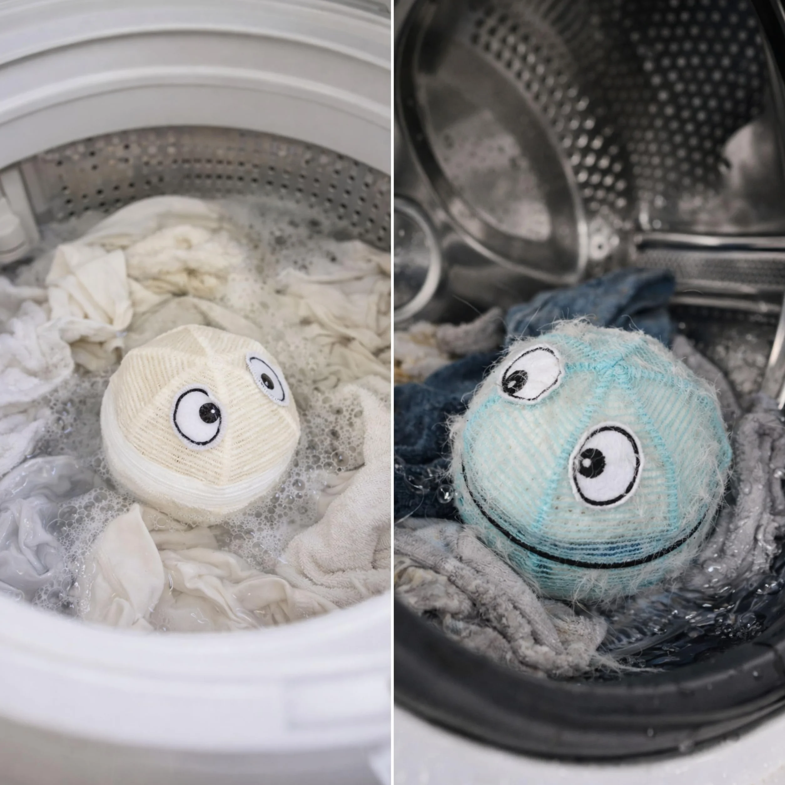 WASHMONSTER łapacz do włosów do pralki, suszarki do prania, 2 zestawy, niebieski i biały, filtr do włosów zwierzęcych, ludzkich włosów, sitko do kłaczków, Ø 106 mm, piłka do prania z perłami do prania