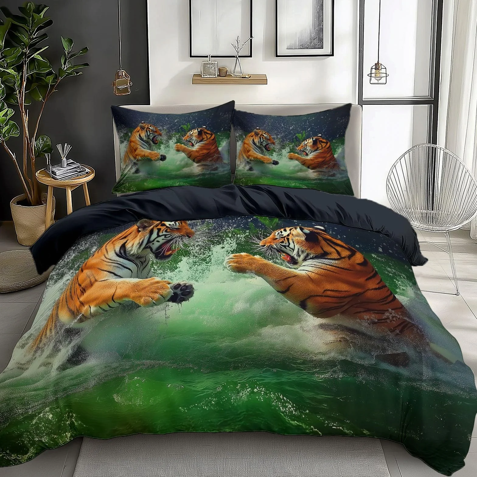 Générique Zielona poszwa na kołdrę 220x240 cm Zestaw pościeli z krajobrazem leśnym, tygrys zwierzę odwracalna wodospad poszwa na kołdrę - miękka i oddychająca antyalergiczna pościel z 2 poszewkami na