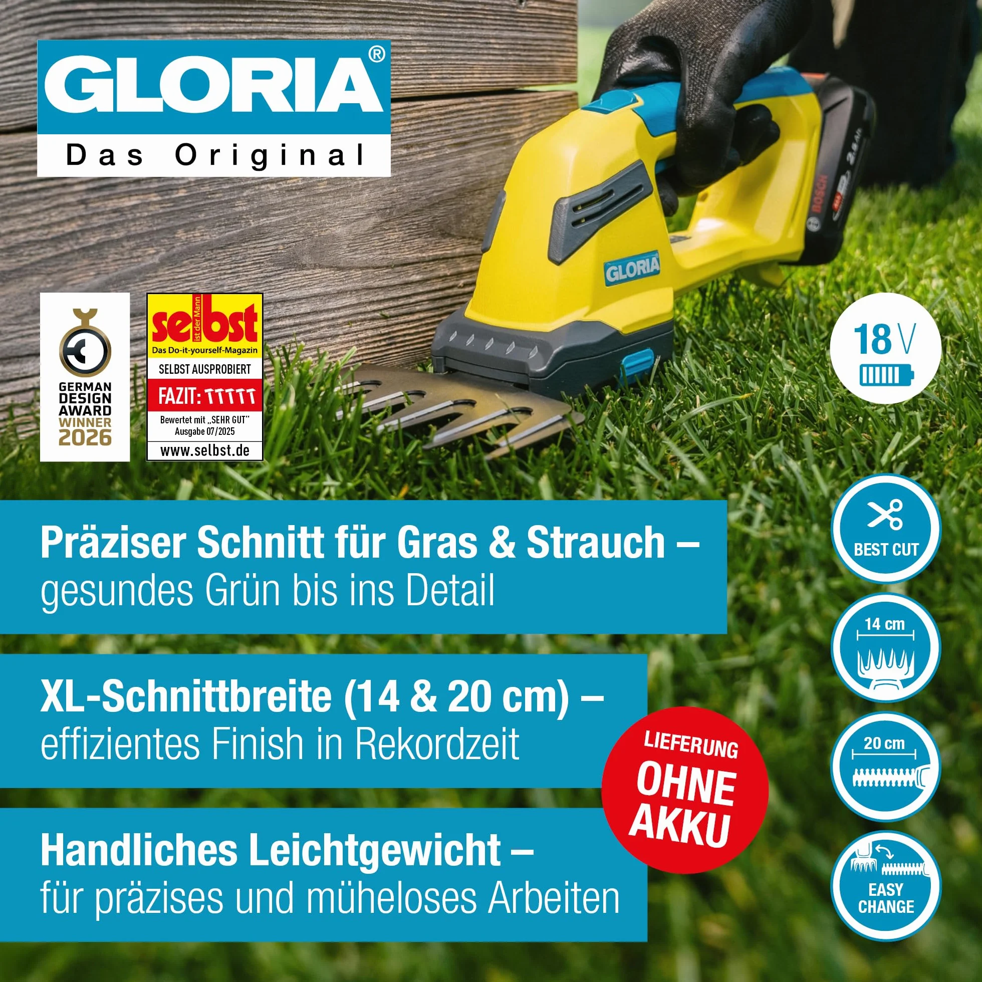GLORIA FineCut 18 V compact akumulatorowe nożyce do trawy i krzewów, 14 cm XL nóż do trawy i krzewów 20 cm, wymiana noży bez użycia narzędzi, kompatybilne z akumulatorem Bosch 18 V Power for All