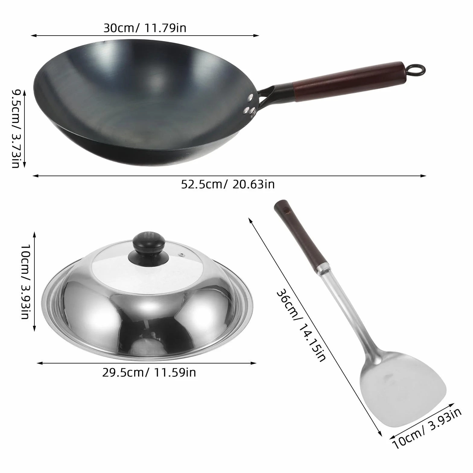 DOITOOL Niepowlekana żeliwna patelnia wok | Ręcznie robiona chińska patelnia do smażenia z pokrywką i szpatułką | Niepowlekany, wytrzymały żeliwny wok z drewnianym uchwytem do kuchenek gazowych