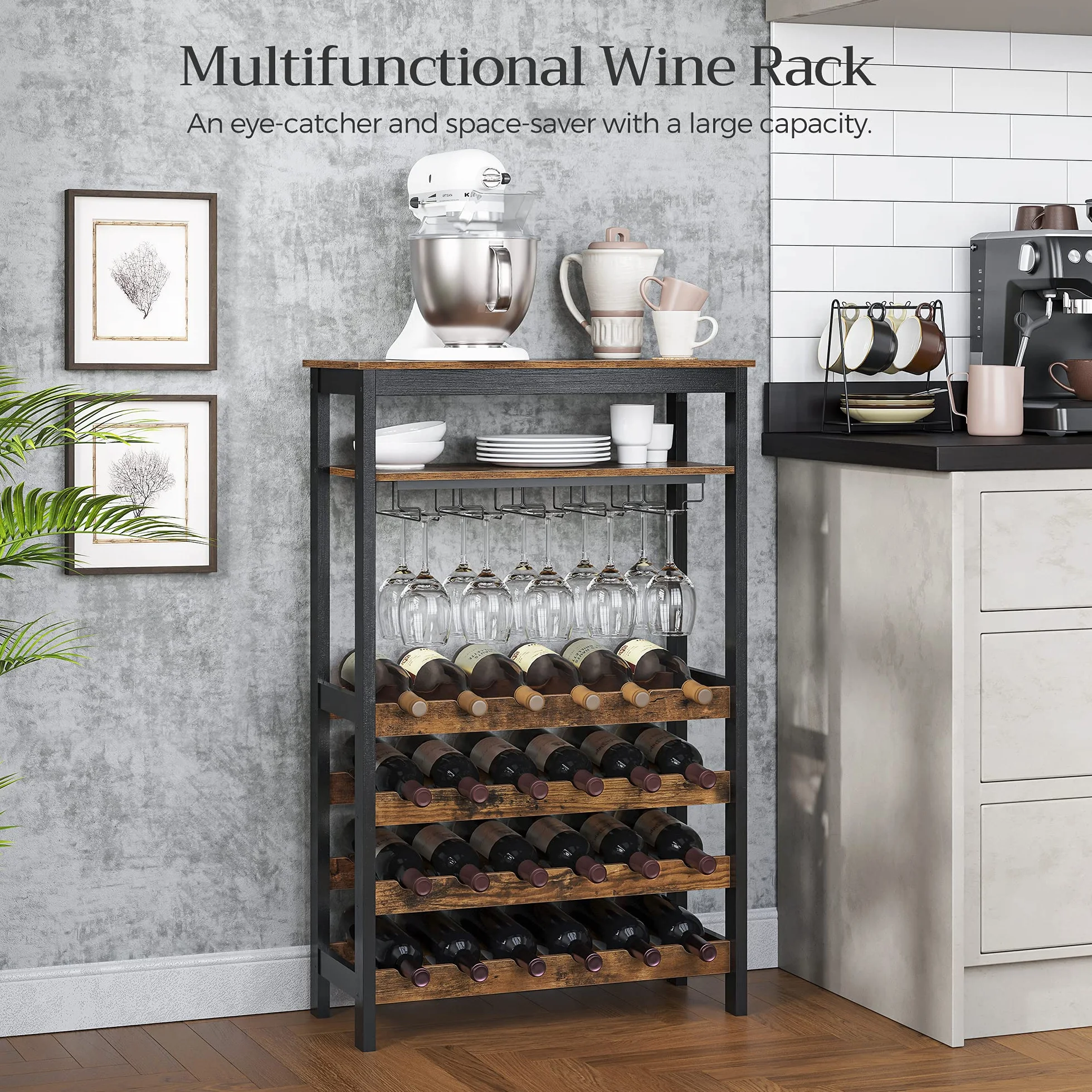 SONGMICS Stojak na wino, na 24 butelki wina, wolnostojący, stojak na butelki z uchwytami na kieliszki, do kuchni, baru, jadalni, vintage brązowo-czarny KWR028B01