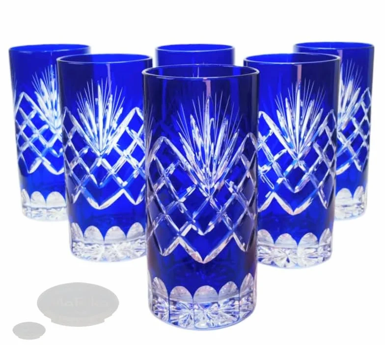 MaRika Kryształowe szklanki do wody i szklanki do picia 320 ml – kobalt, ręcznie zdobione eleganckie szkło – zestaw 6 sztuk w opakowaniu prezentowym, idealne na co dzień i jako prezent