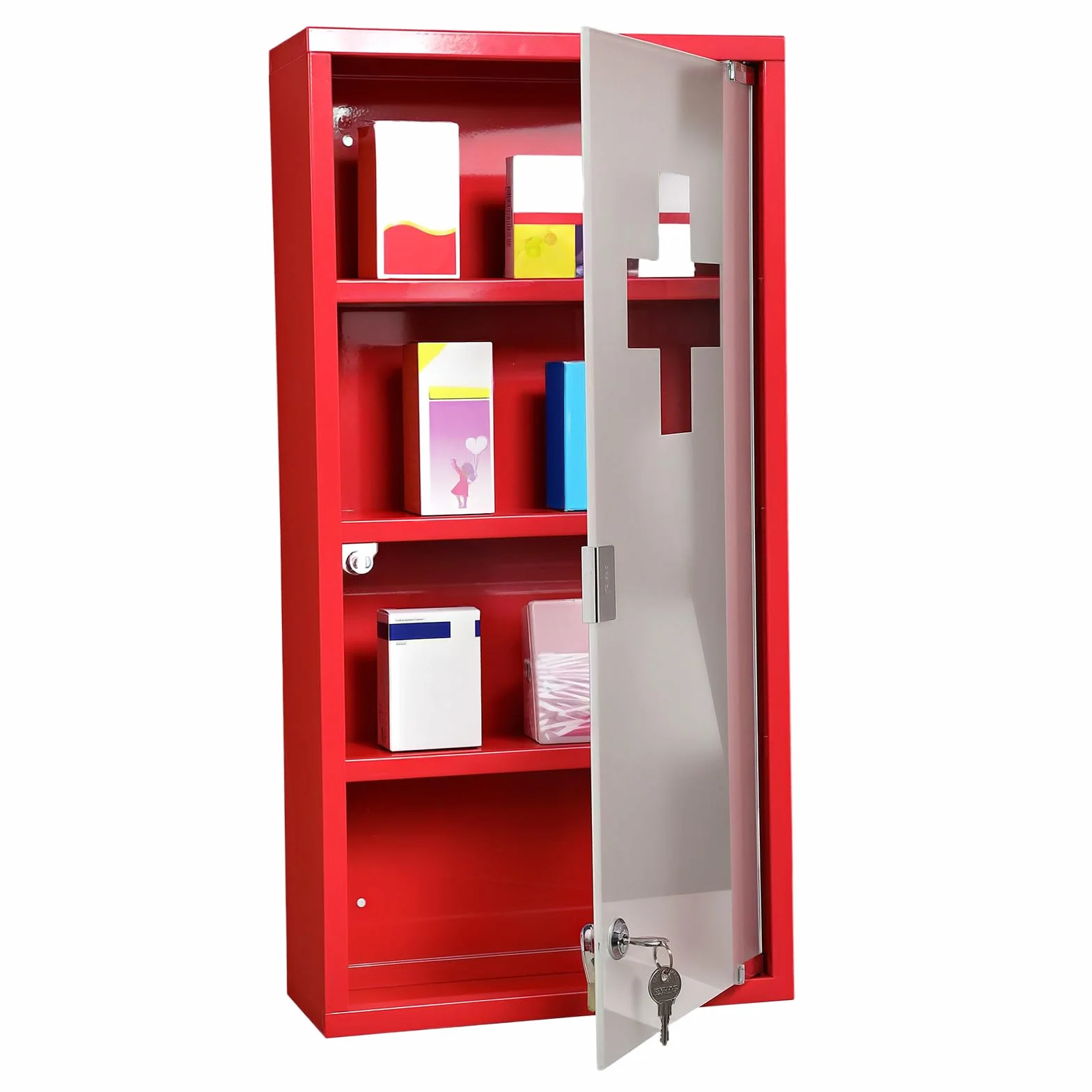 HOMCOM Szafka na leki 3 półki 4 poziomy zamykana na drzwi matowe szkło hartowane Logo Krzyż 30 l x 12 l x 60H cm Stal Czerwona