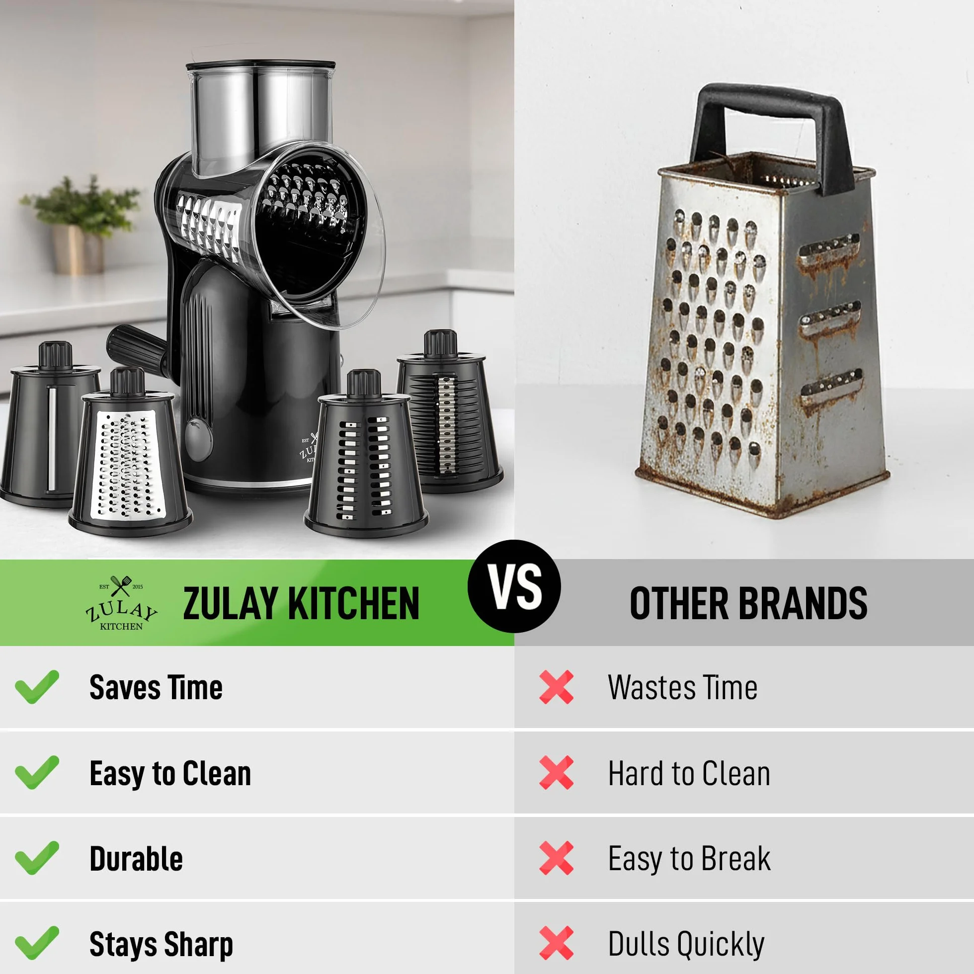 Zulay Kitchen Obrotowa tarka do sera z 5 ostrzami – ręczna tarka do sera z korbą ręczną ze wzmocnionym ssaniem i 5 wymiennymi bębnami, łatwa w użyciu, okrągła krajalnica mandolinowa