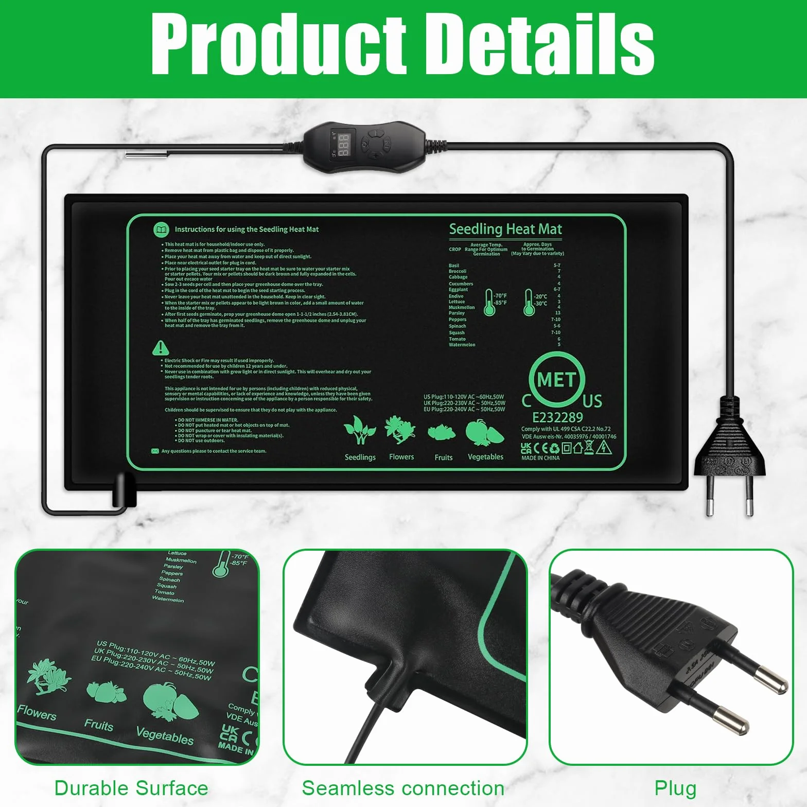 Mata grzewcza Rośliny z termostatem, Podkładka grzewcza o mocy 50 W Reptile Dragon, 52x25cm Podkładka grzewcza w szklarni wewnętrznej, Mata grzewcza Rośliny do i zwierząt domowych
