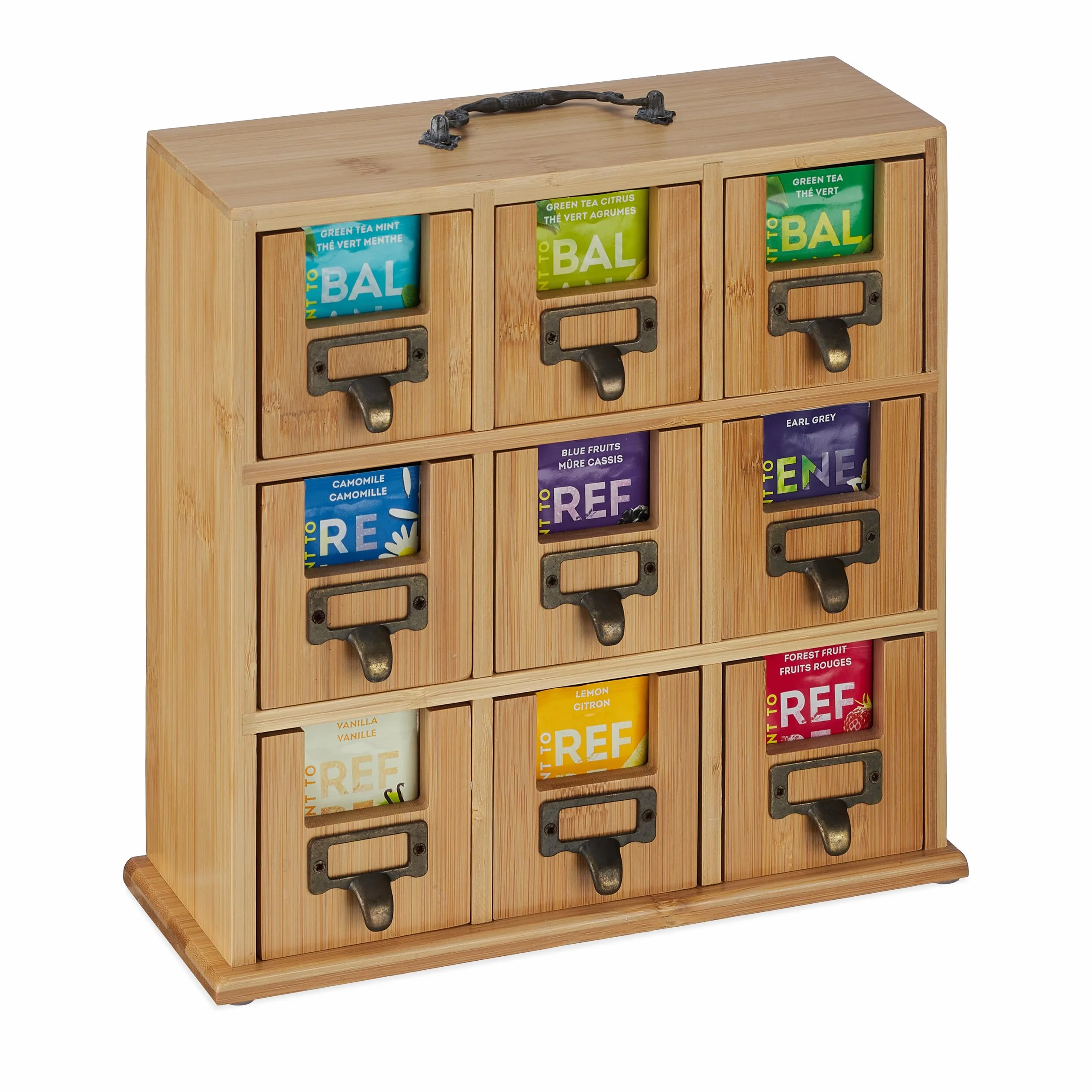 Relaxdays Organizer na herbatę, 9 przegródek, bambus, wys. x szer. x gł.: 29 x 30 x 11,5 cm, do postawienia lub zawieszenia, do przechowywania herbaty, naturalny