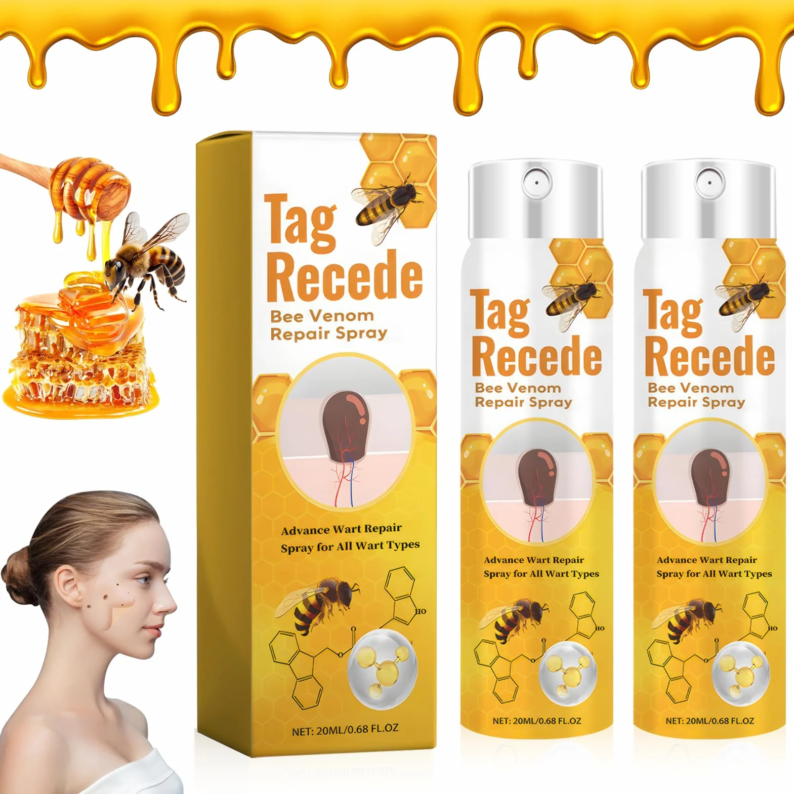 Tag Recede Bee Venom Spray, 2 sztuki jadu pszczelego w sprayu, 20 ml, do wszystkich rodzajów skóry