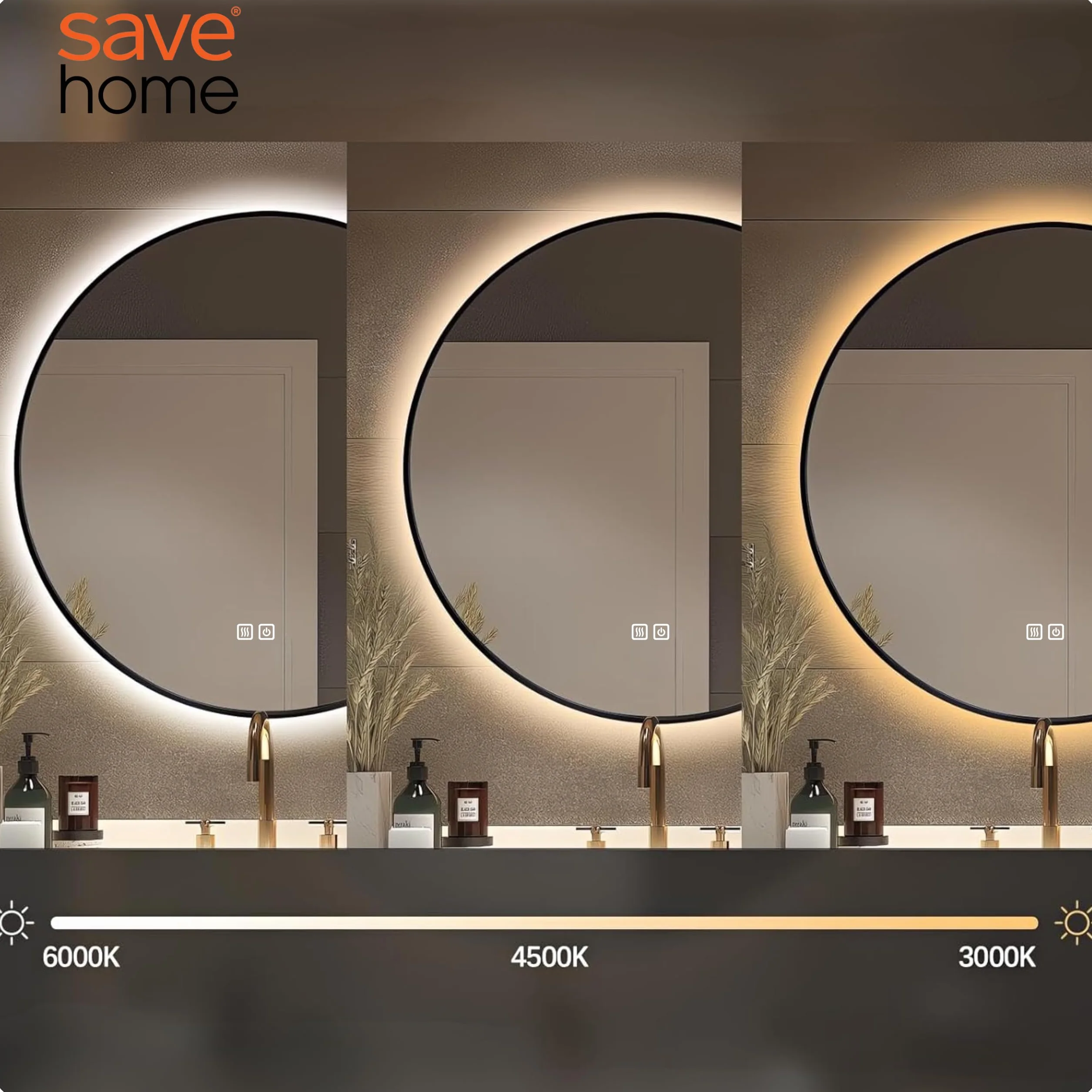 Lustro ścienne łazienkowe okrągłe 60 cm LED Podświetlane z RAMĄ LOFT ANTI-FOG 3 barwy światła Lustro z Regulacją Barwy i Jasności - Pamieć ustawień - IP44 – duże nowoczesne do Łazienki Toaletki Salonu