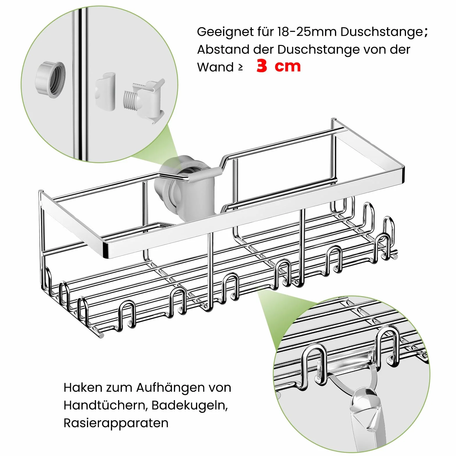 Półka prysznicowa bez wiercenia (tylko do okrągłych drążków 18 mm-25 mm), regał do przechowywania szamponu, uchwyt do prysznica, organizer łazienkowy, regał prysznicowy (srebrna)