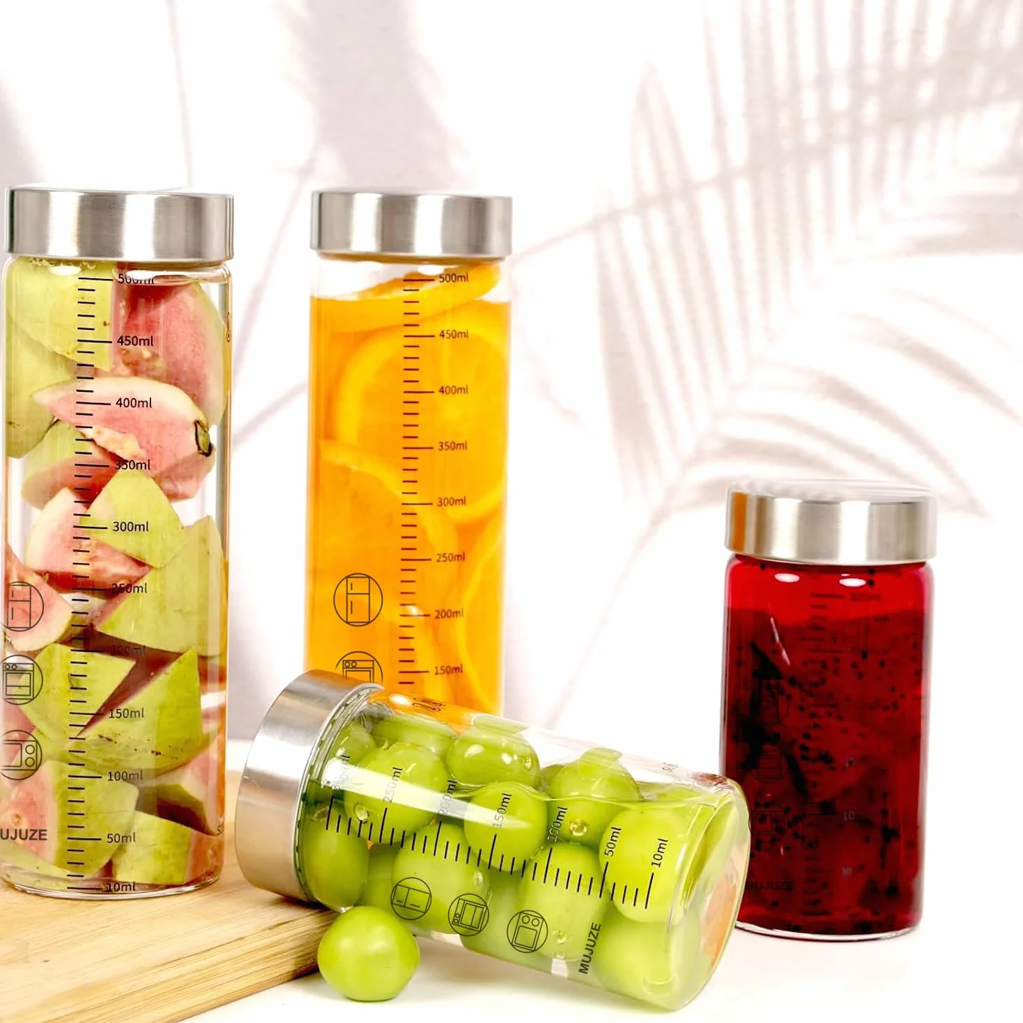 MUJUZE Szklane butelki 300 ml, z pokrywką ze stali nierdzewnej, 4 sztuki w zestawie ze skalą pomiarową, do soków, smoothie, mleka, szklanych butelek na sok, bez BPA, wielokrotnego użytku, szklana
