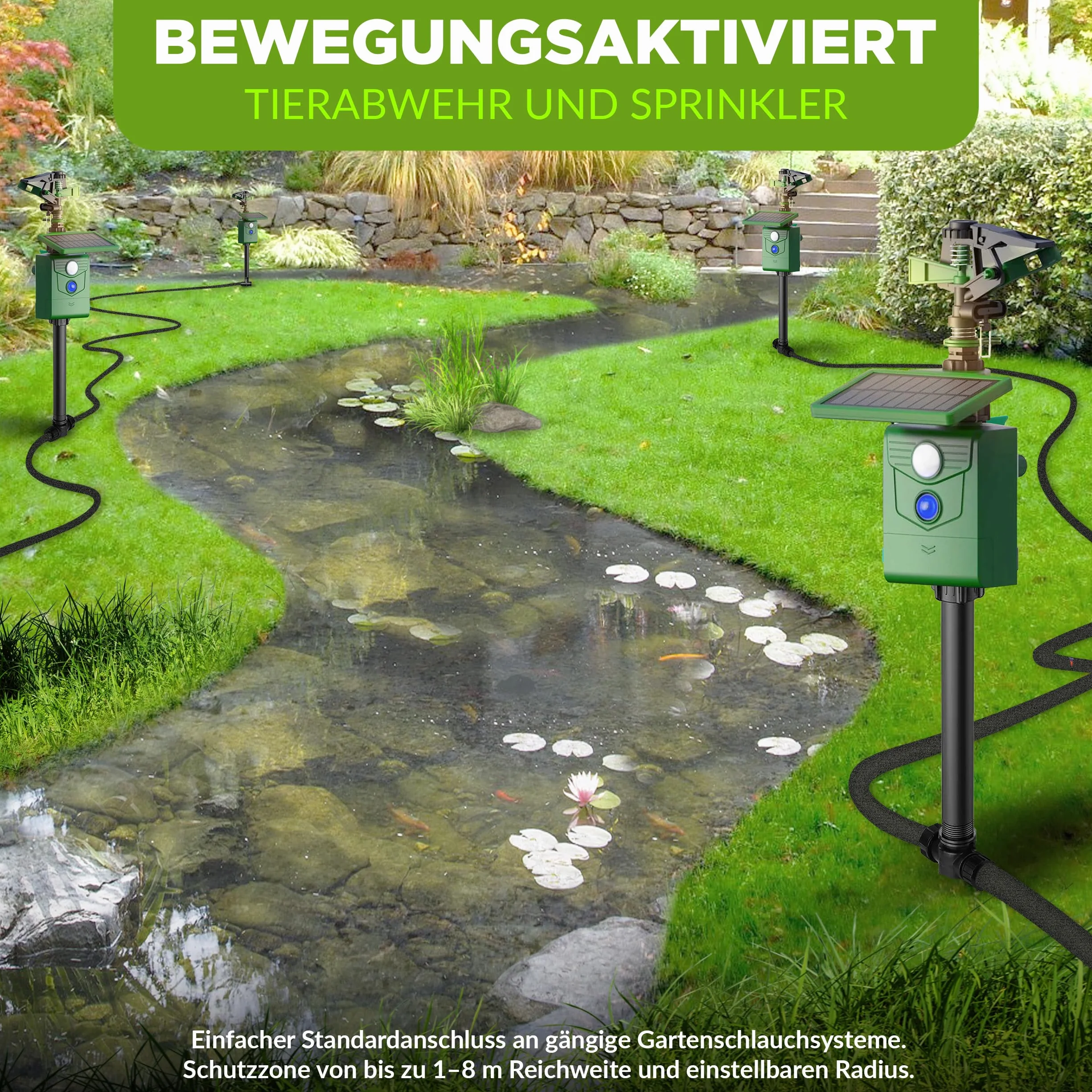 ISOTRONIC Strumień wody plus światło odstraszacz zwierząt | zasilany energią słoneczną odstraszacz psów i kotów | odstraszacz ptaków i czapli do ogrodu | czujnik ruchu I regulowany zasięg I ochrona
