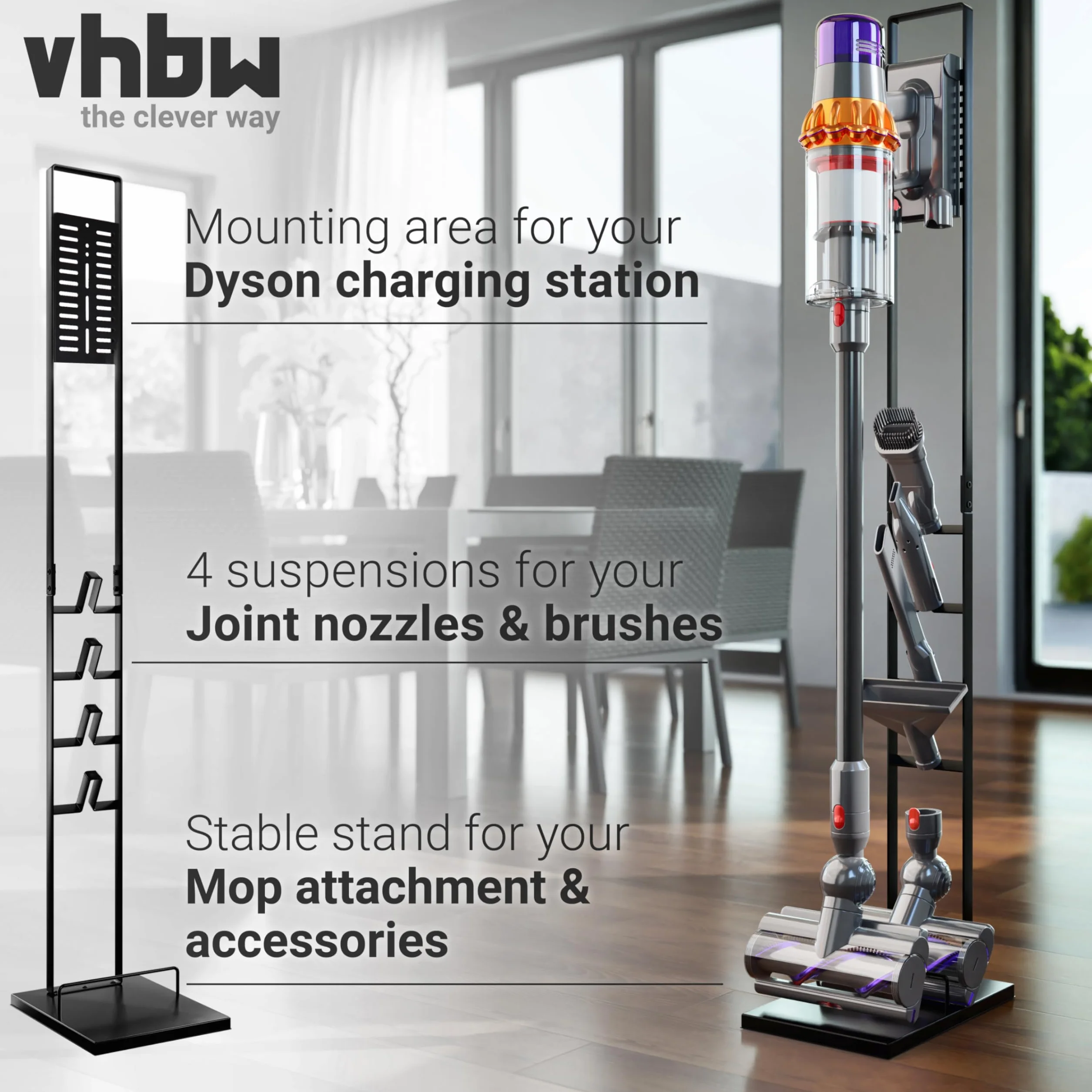 vhbw Stojak jako stabilny uchwyt, akcesoria do odkurzacza akumulatorowego Dyson V15 Detect Absolute, Detect Complete V12 slim, V11, V10, V8, V7, V6, z uchwytem na mopa, ciemnoszary