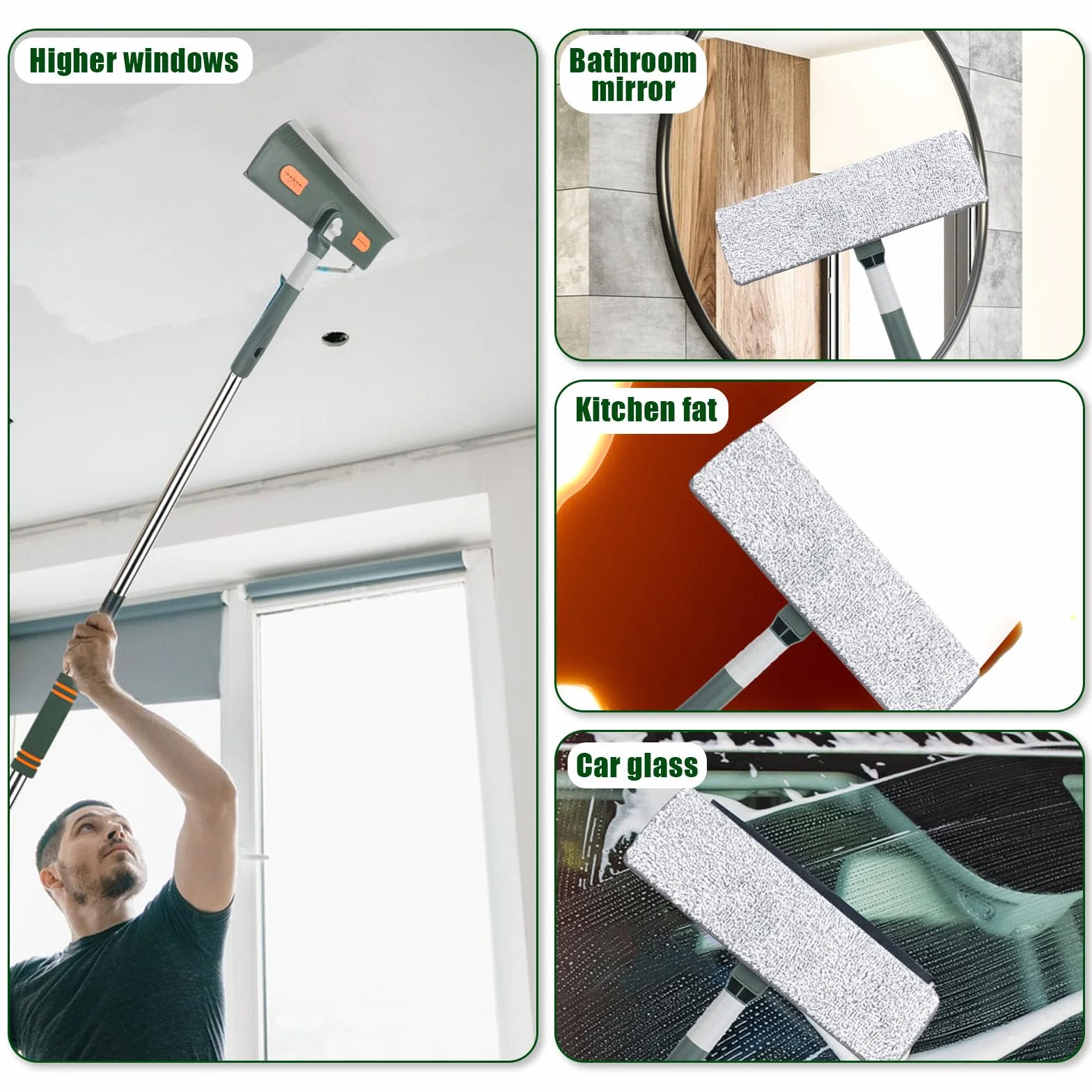 myjka do okien z drążkiem teleskopowym, 144 cm, drążek teleskopowy 2 w 1, długa myjka do okien z gumową krawędzią i 3 wkładkami z mikrofibry do wysokich okien, wewnątrz i na zewnątrz